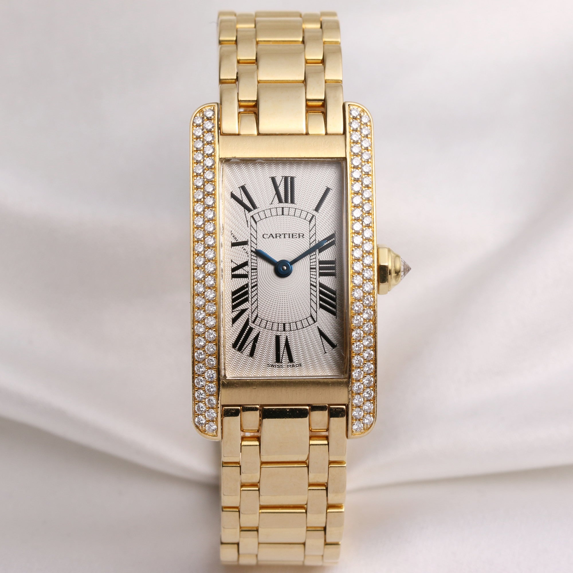 Cartier Tank Americaine 18K Yellow Gold Silver Dial Double row Diamond Bezel Second Hand Watch Collectors 1