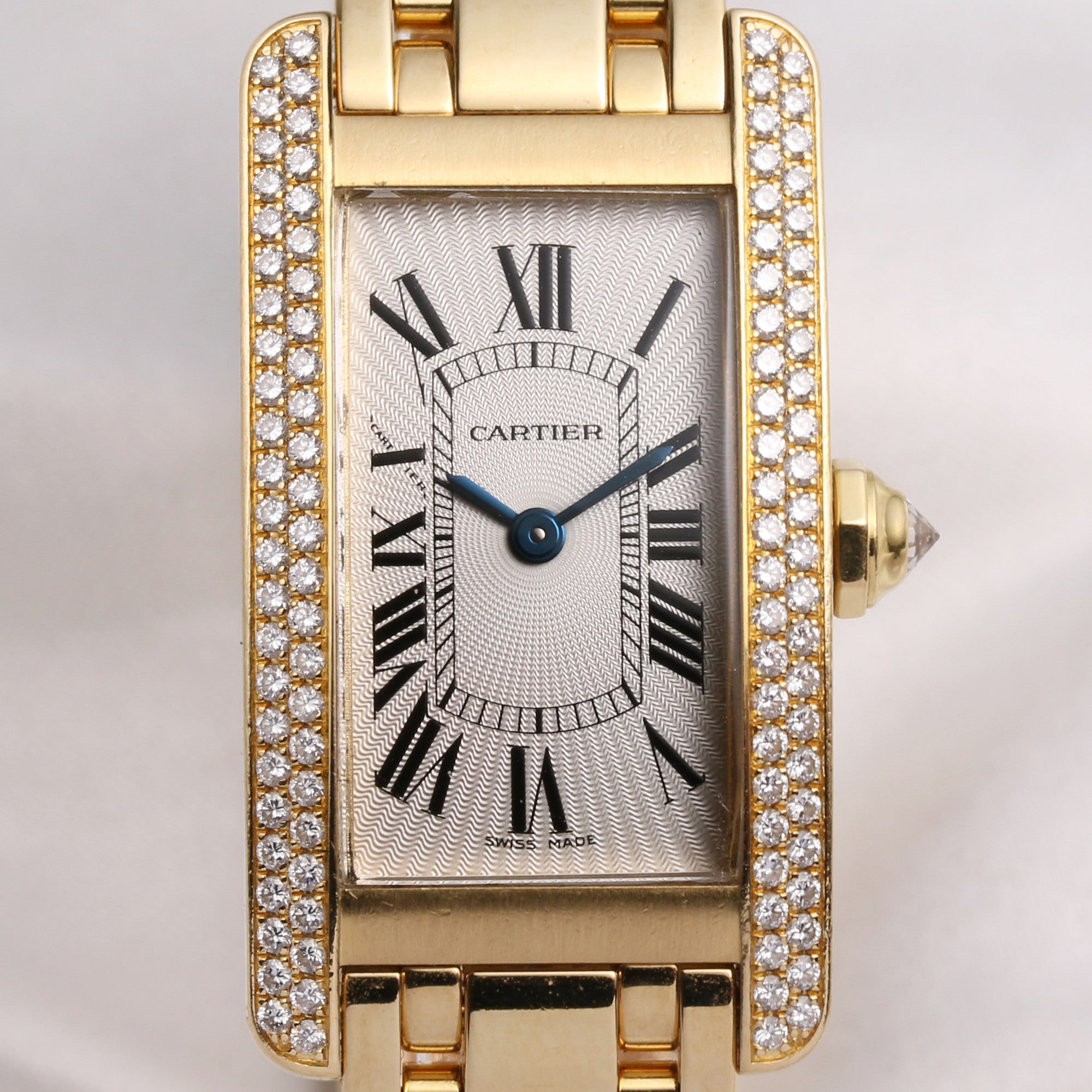 Cartier Tank Americaine 18K Yellow Gold Silver Dial Double row Diamond Bezel Second Hand Watch Collectors 2