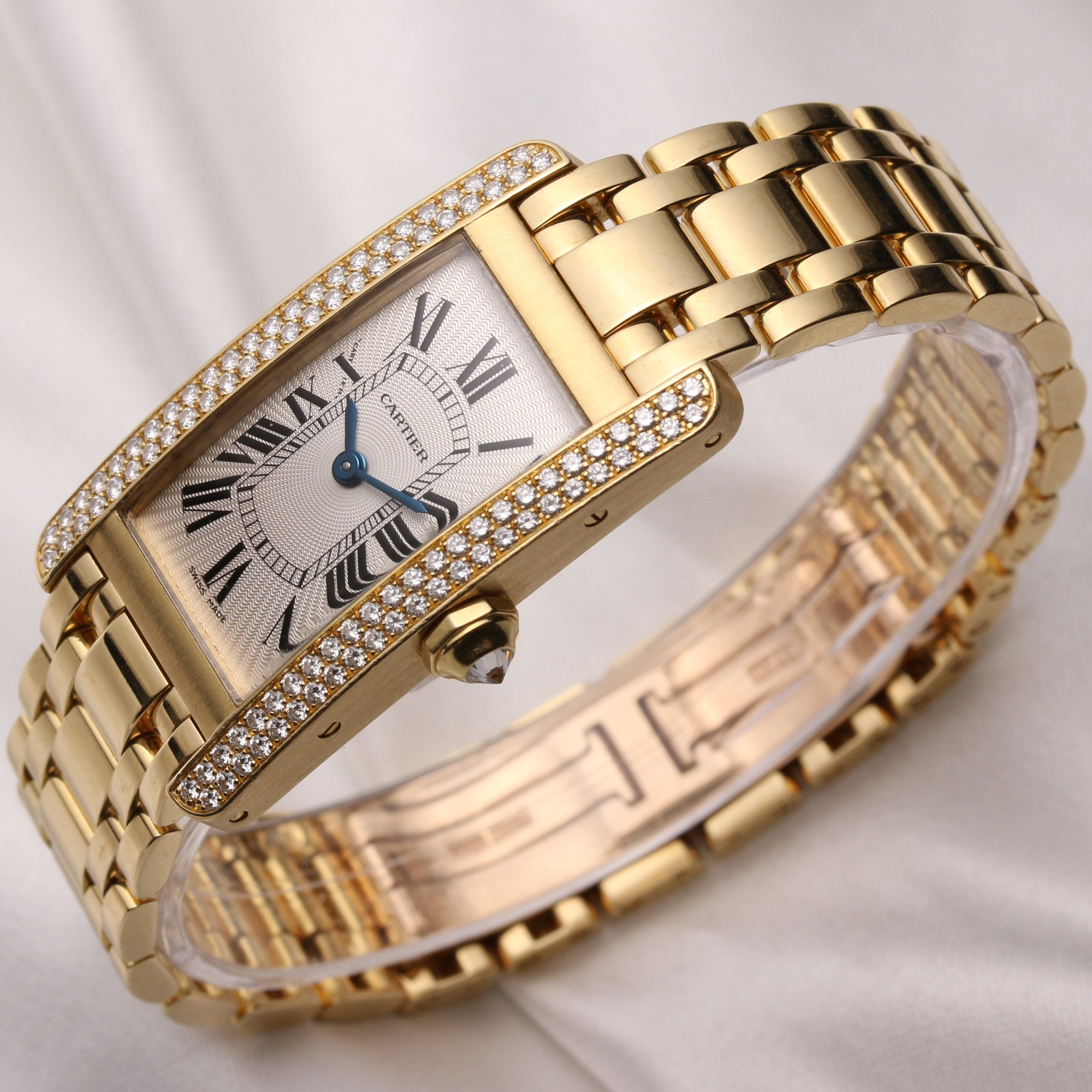 Cartier Tank Americaine 18K Yellow Gold Silver Dial Double row Diamond Bezel Second Hand Watch Collectors 3