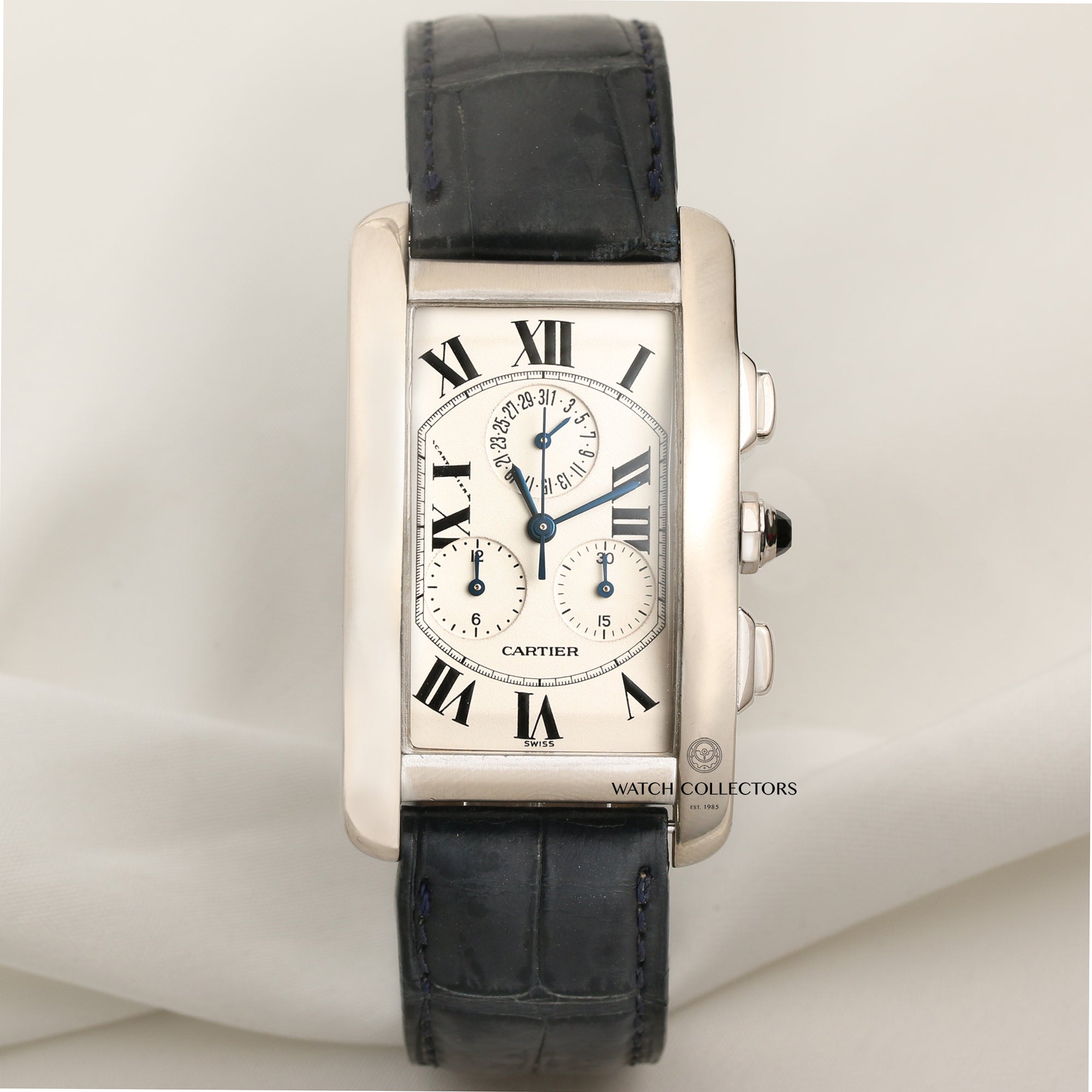 Cartier Tank Americaine Chronograph 18K White Gold Second Hand Watch Collectors 1