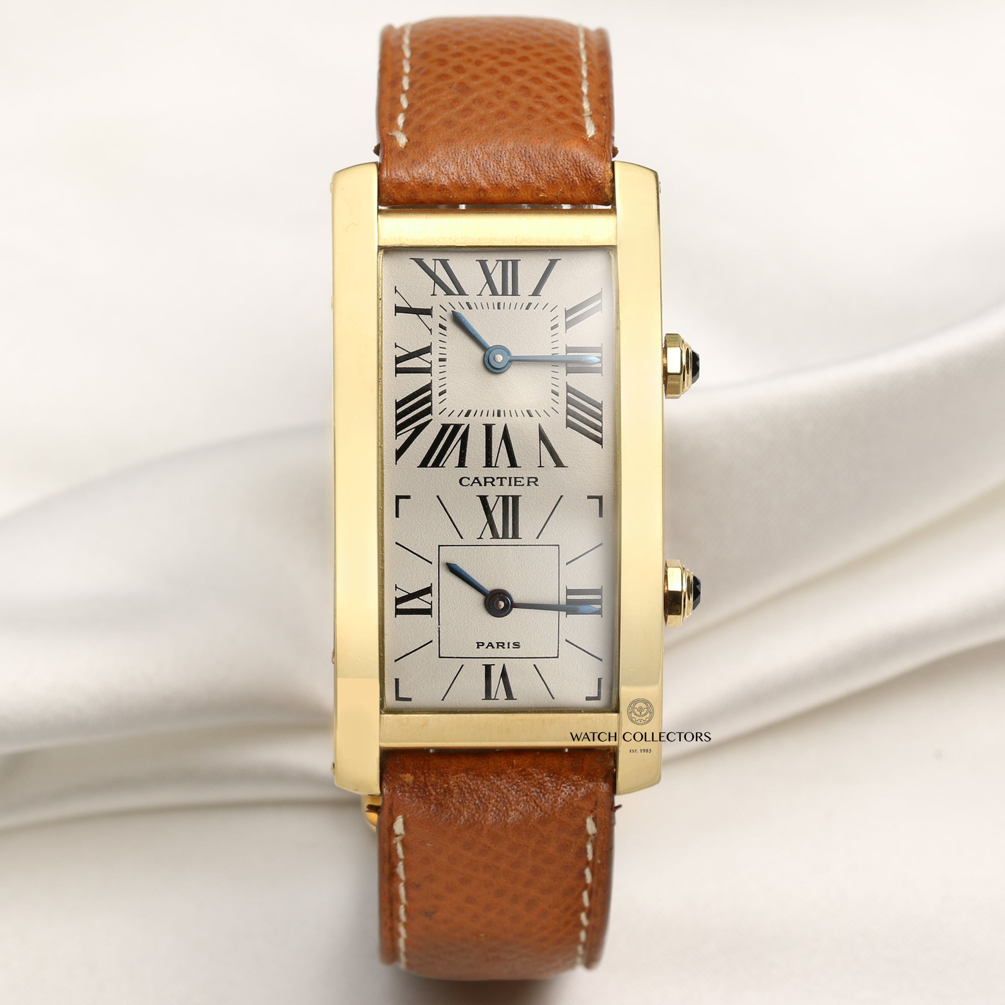 Cartier Tank Americaine Dual Time 18K Yellow Gold Second Hand Watch Collectors 1