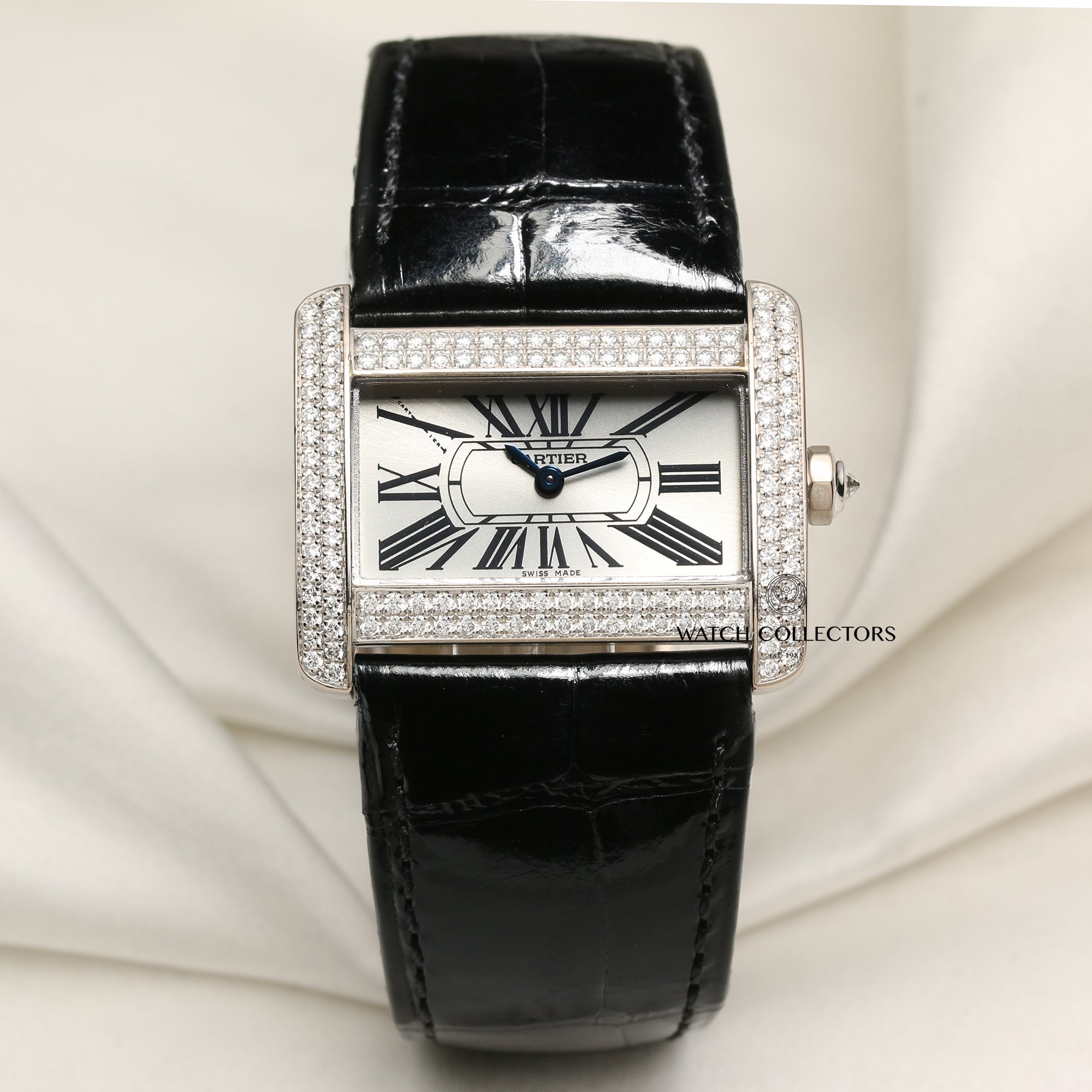Cartier Tank Divan 18K White Gold Diamond Bezel Second Hand Watch Collectors 1