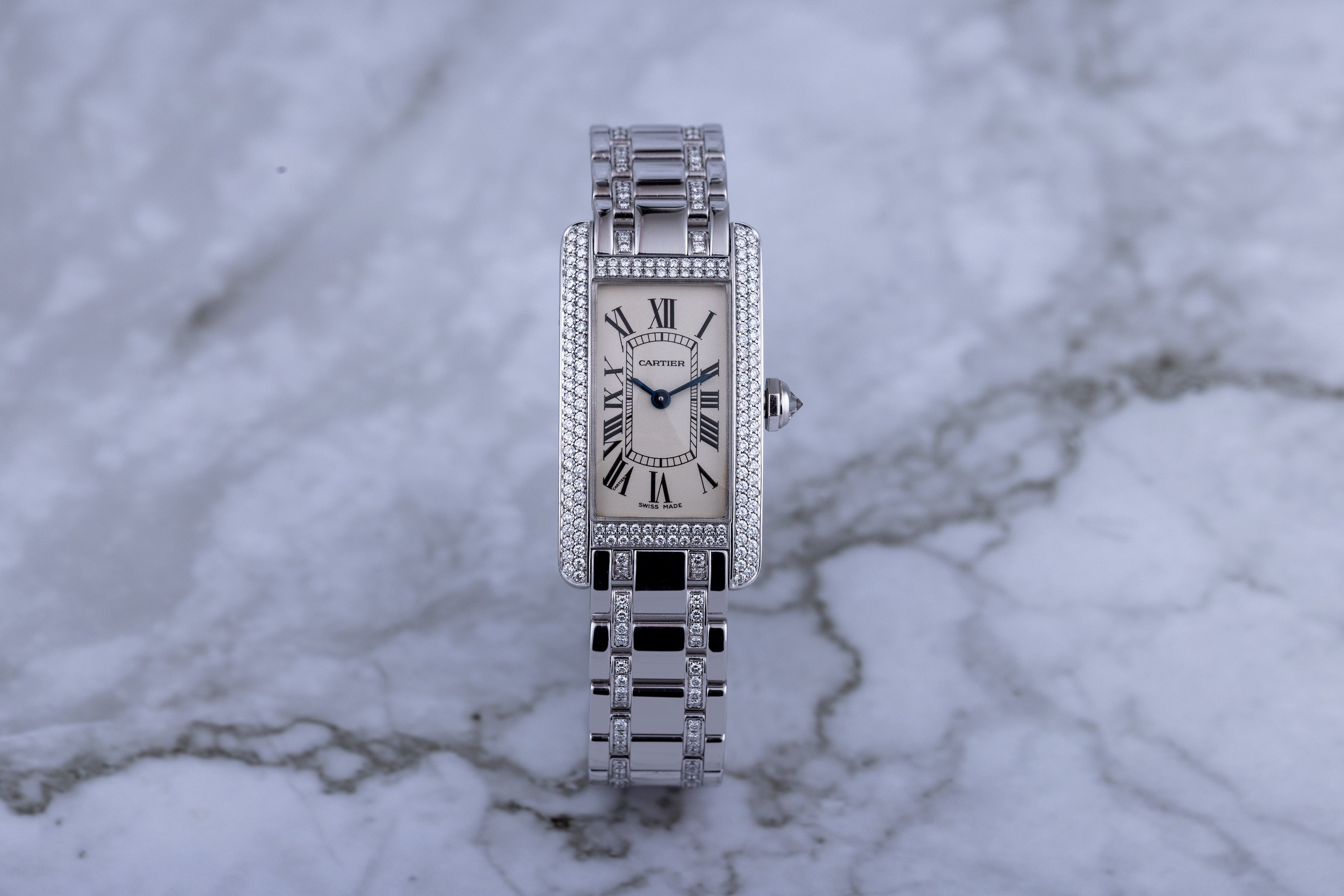 Cartier Tank Americaine | REF. 1713 | Double Row Diamond Bezel & Diamond Bracelet | 18k White Gold | 19mm