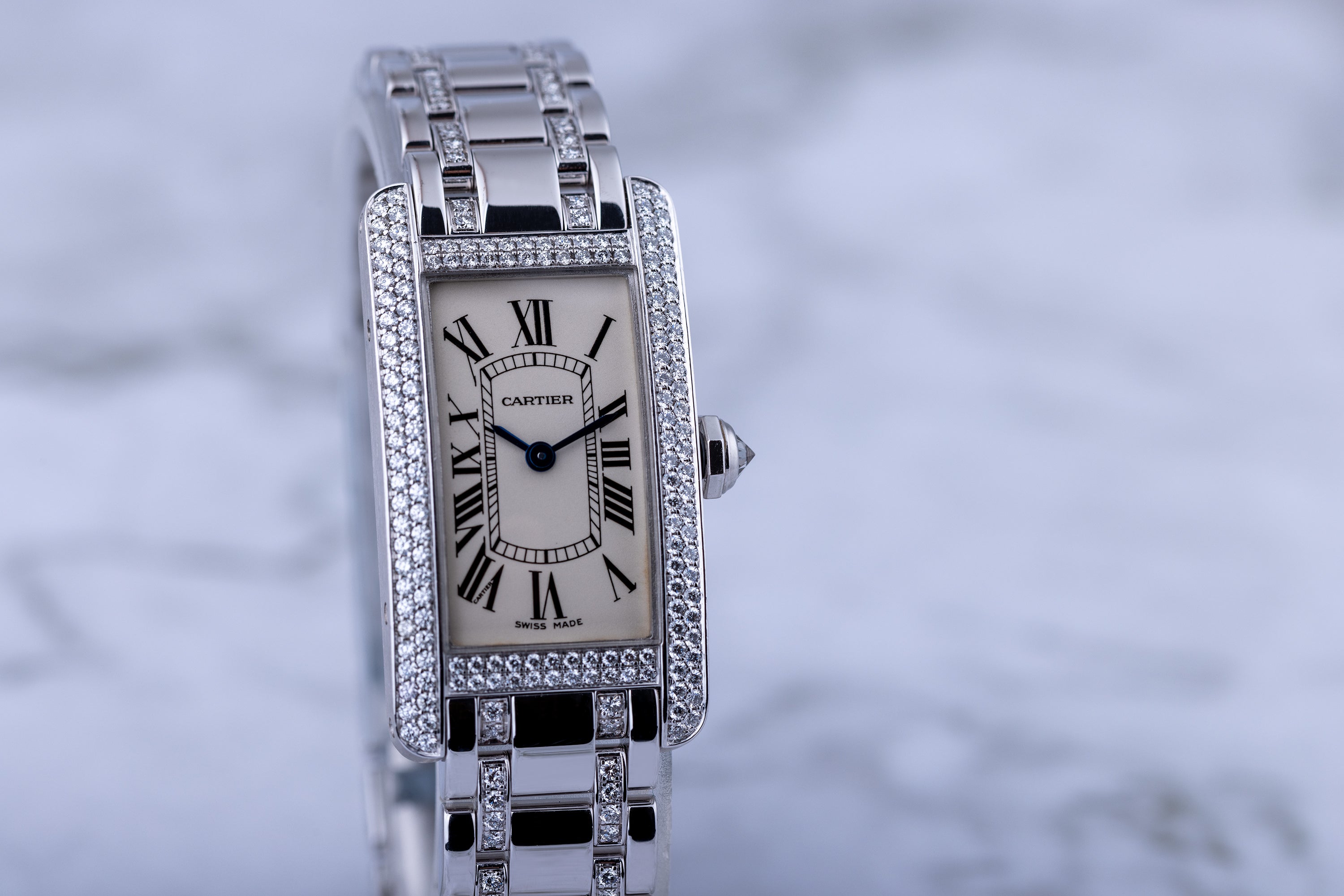 Cartier Tank Americaine | REF. 1713 | Double Row Diamond Bezel & Diamond Bracelet | 18k White Gold | 19mm