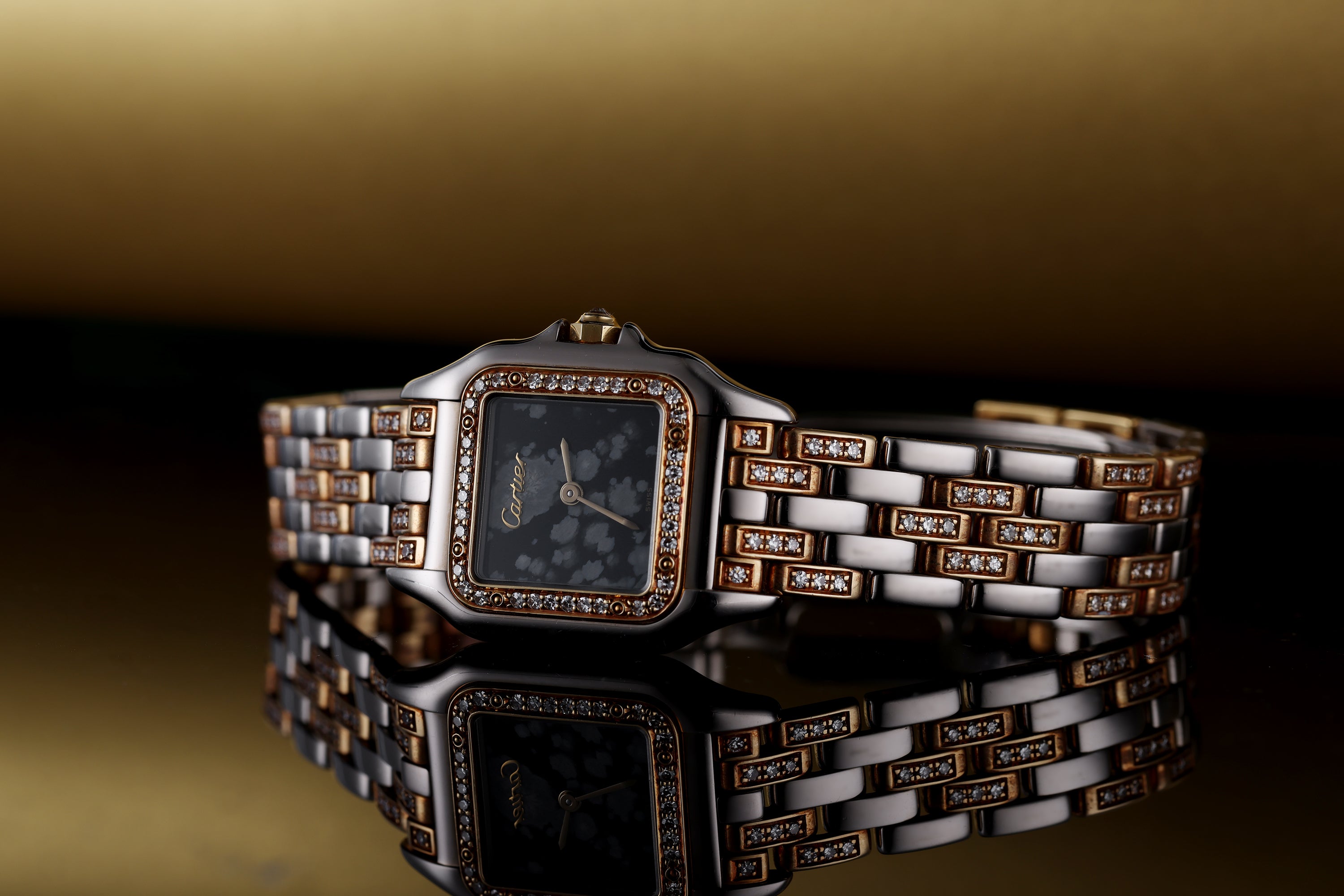 Cartier Panthere | 18k White & Rose Gold | Factory Set Diamonds | Obsidian Stone Dial | 22mm