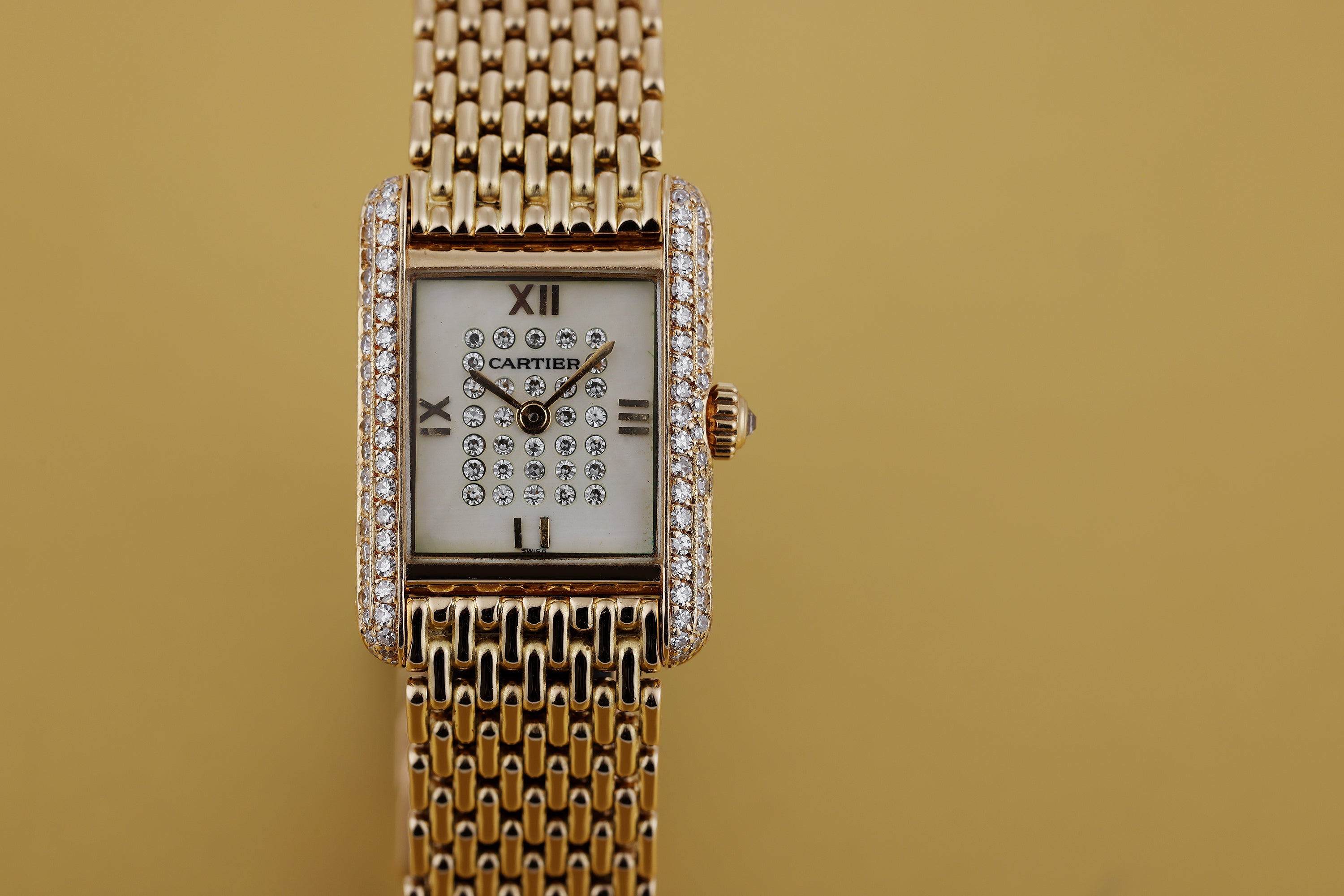 Cartier Lady Diamond Wristwatch | Unique Cream Diamond Dial & Triple Row Diamond Bezel | 18k Yellow Gold | Circa 1990s