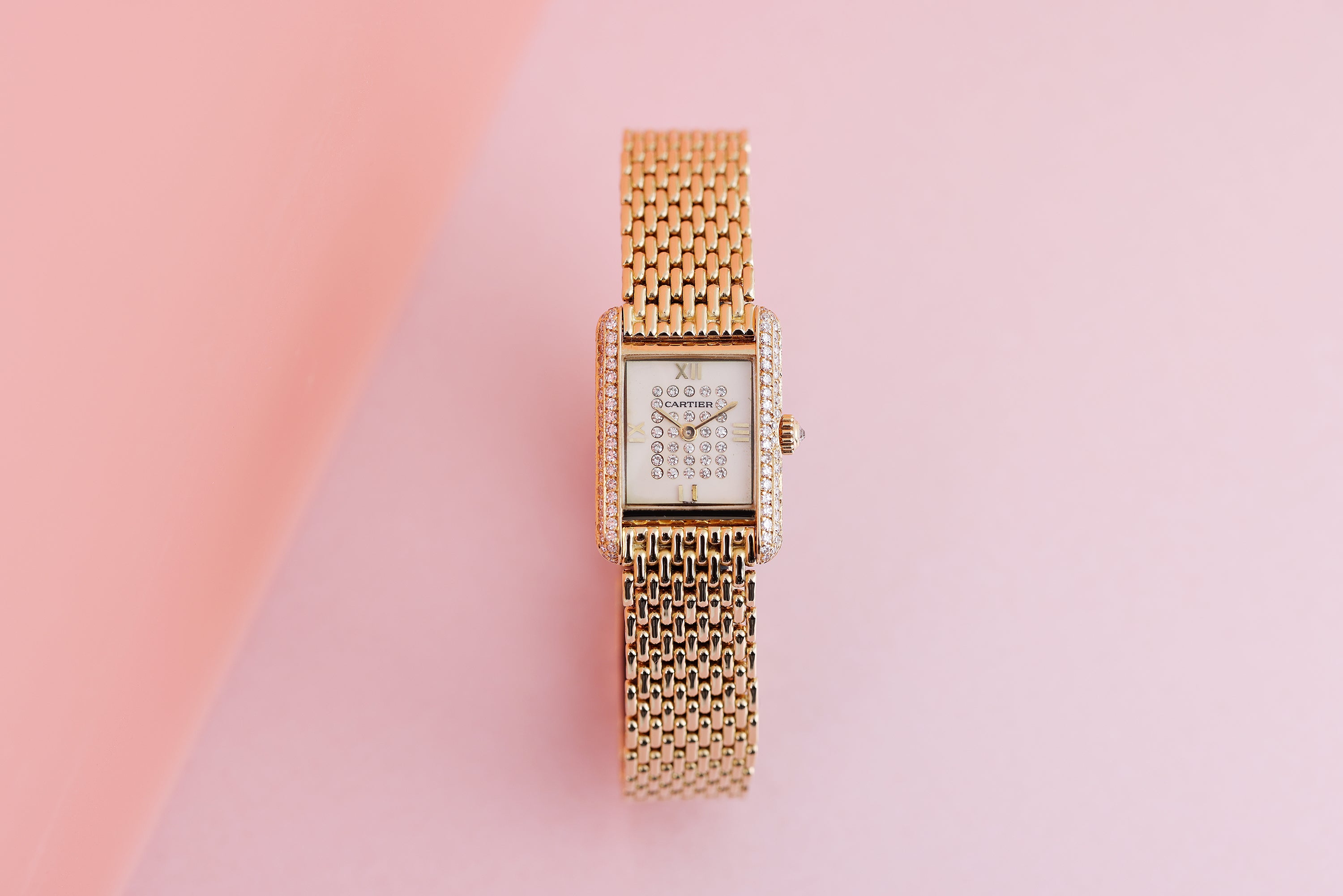 Cartier Lady Diamond Wristwatch | Unique Cream Diamond Dial & Triple Row Diamond Bezel | 18k Yellow Gold | Circa 1990s