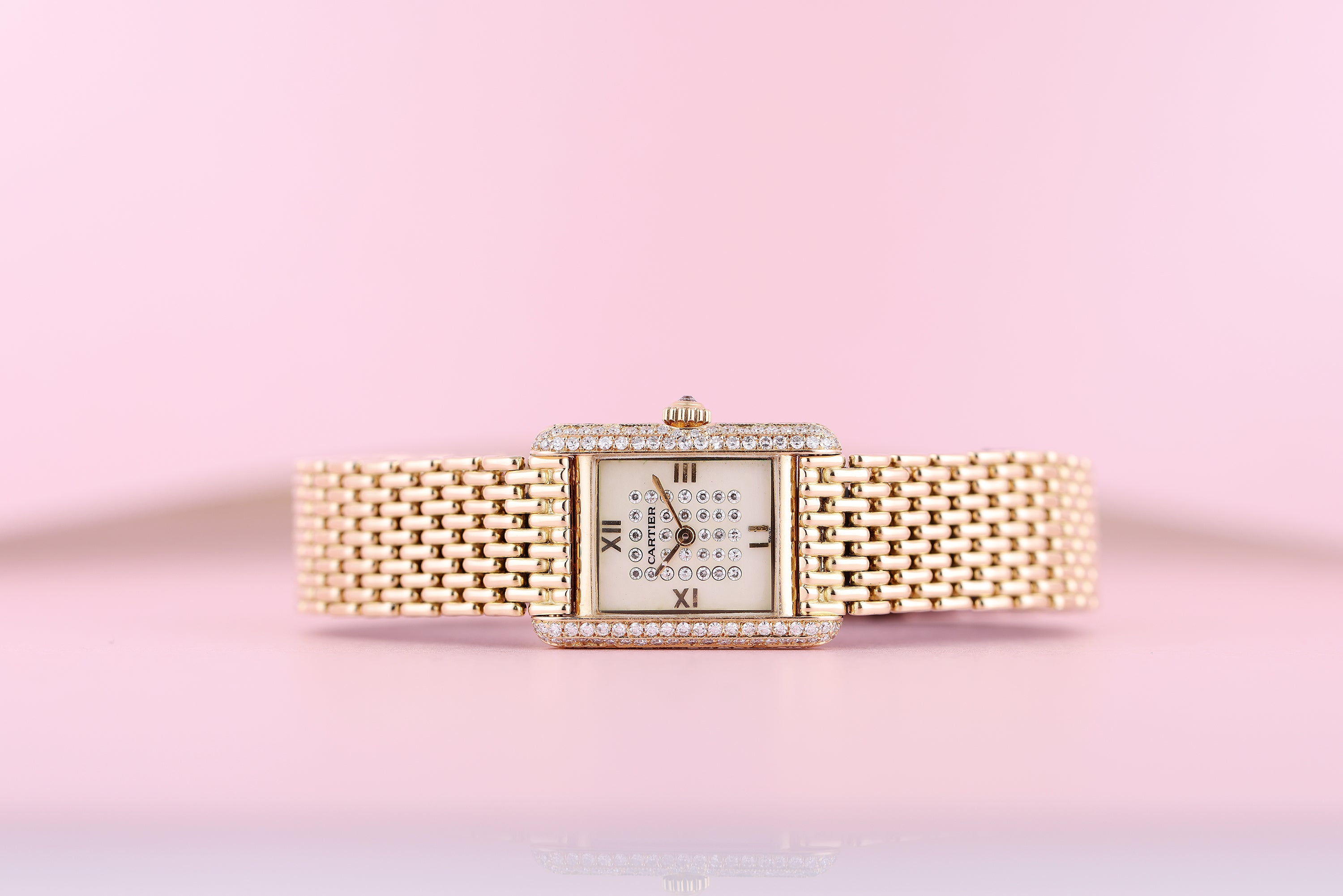 Cartier Lady Diamond Wristwatch | Unique Cream Diamond Dial & Triple Row Diamond Bezel | 18k Yellow Gold | Circa 1990s