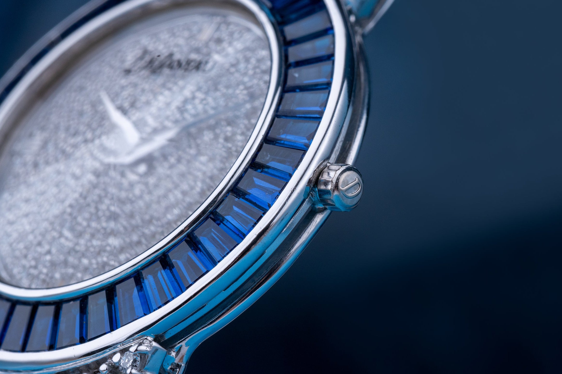 Unworn Rare DeLaneau Wristwatch | Pave Diamond Dial, Sapphire Baguette Bezel & Diamond & Sapphire Bracelet | 18k White Gold