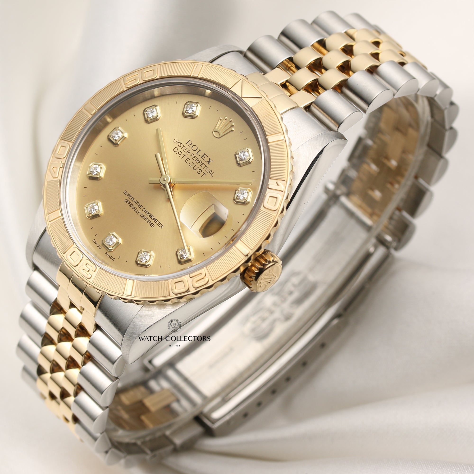 Full Set Rolex DateJust Turnograph 16263 Steel & Gold Champagne Diamond Dial Second Hand Watch Collectors 3