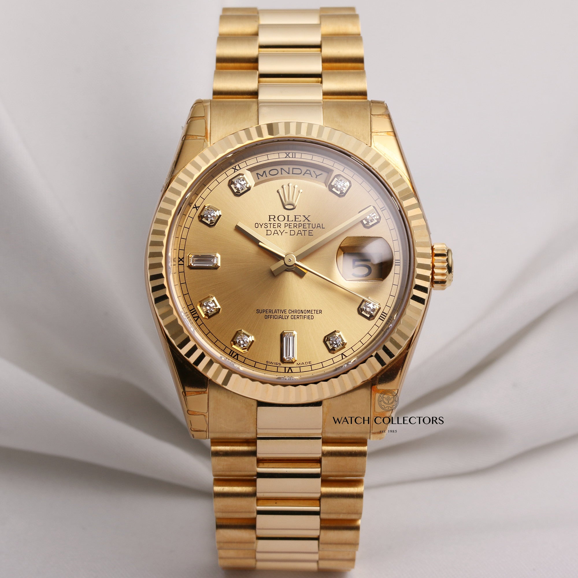Full-Set-Rolex-Day-Date-118238-Champagne-Diamond-18K-Yellow-Gold-Second-Hand-Watch-Collectors-1-1