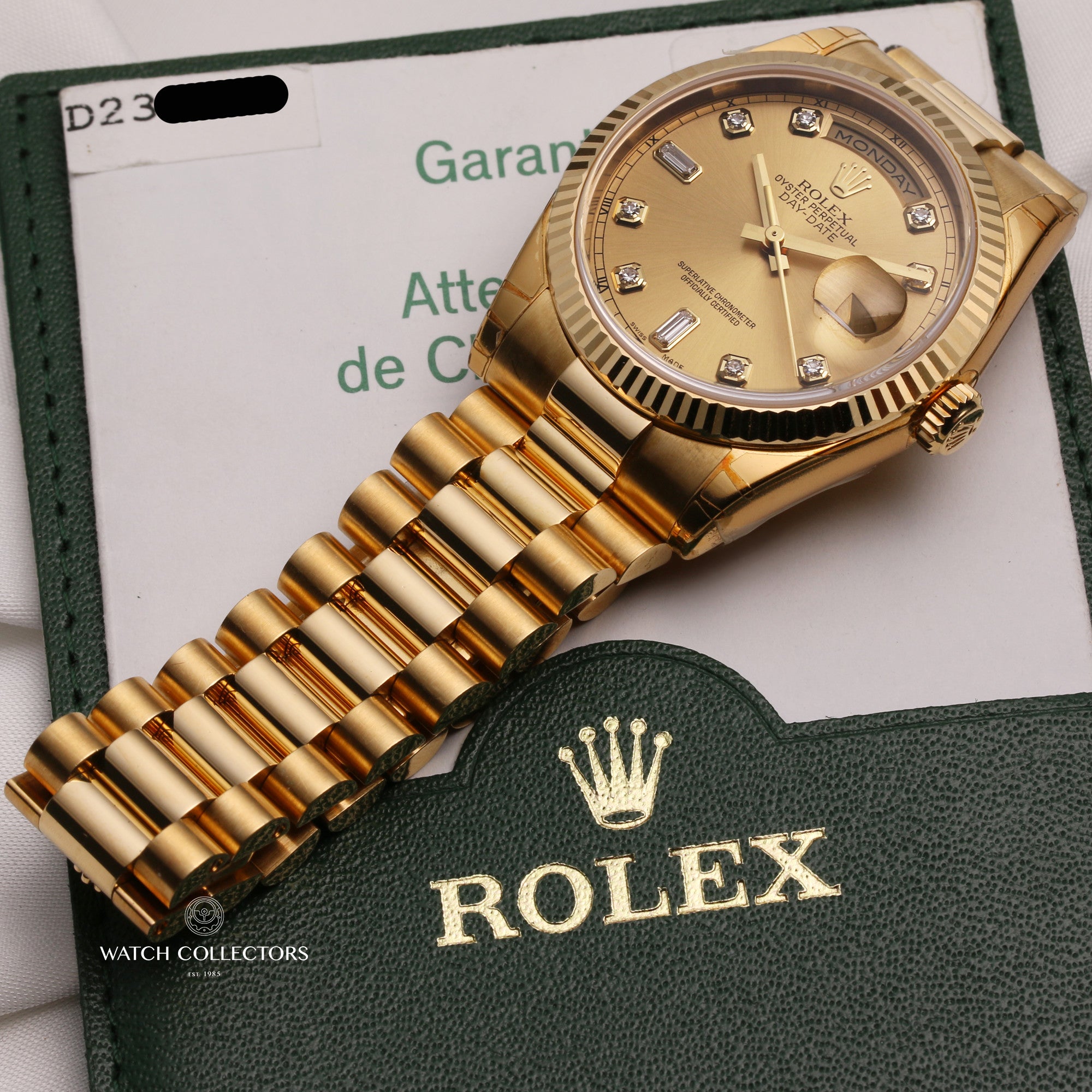 Full-Set-Rolex-Day-Date-118238-Champagne-Diamond-18K-Yellow-Gold-Second-Hand-Watch-Collectors-11