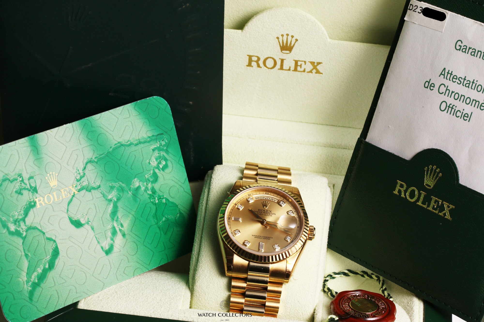 Full-Set-Rolex-Day-Date-118238-Champagne-Diamond-18K-Yellow-Gold-Second-Hand-Watch-Collectors-12-1