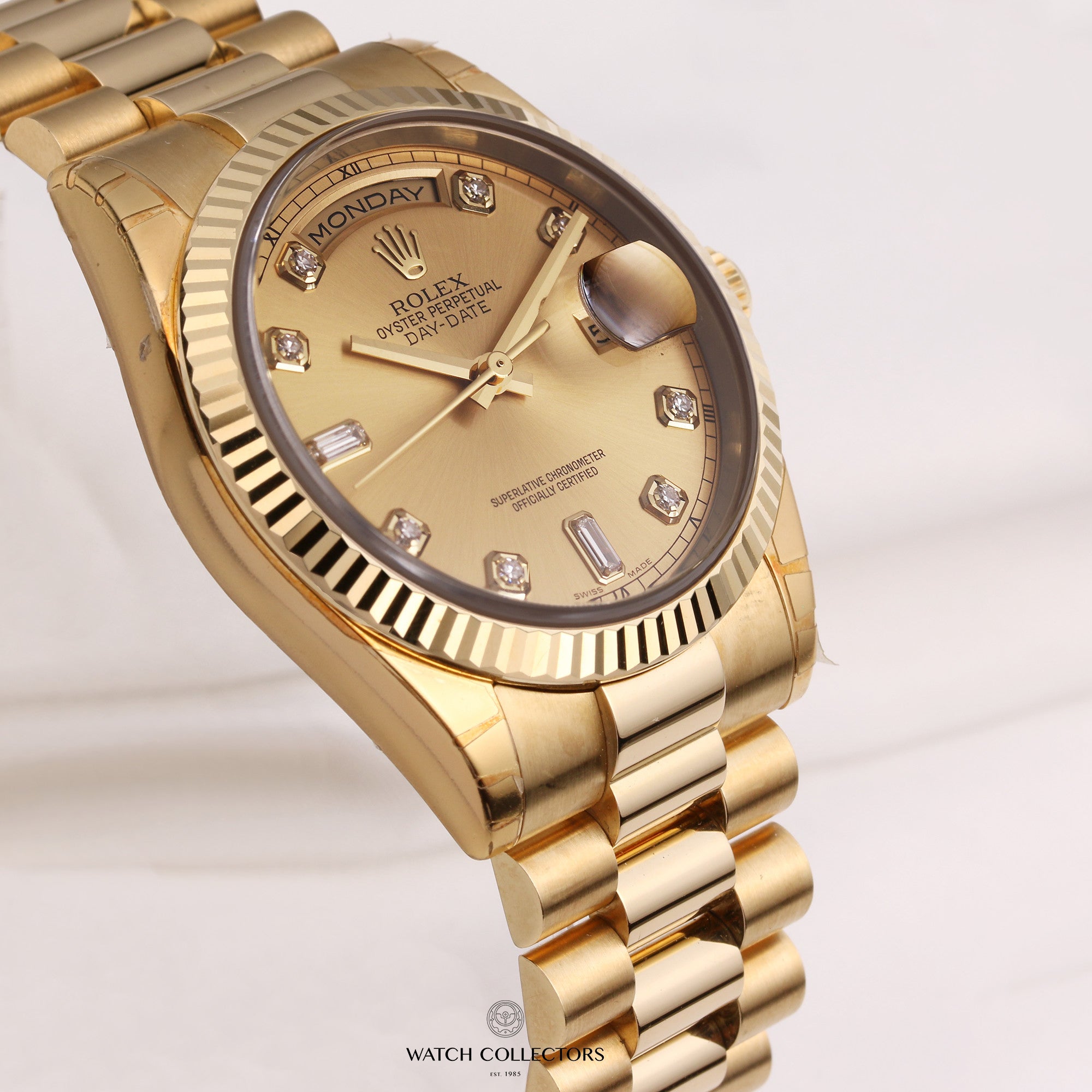 Full-Set-Rolex-Day-Date-118238-Champagne-Diamond-18K-Yellow-Gold-Second-Hand-Watch-Collectors-4-1