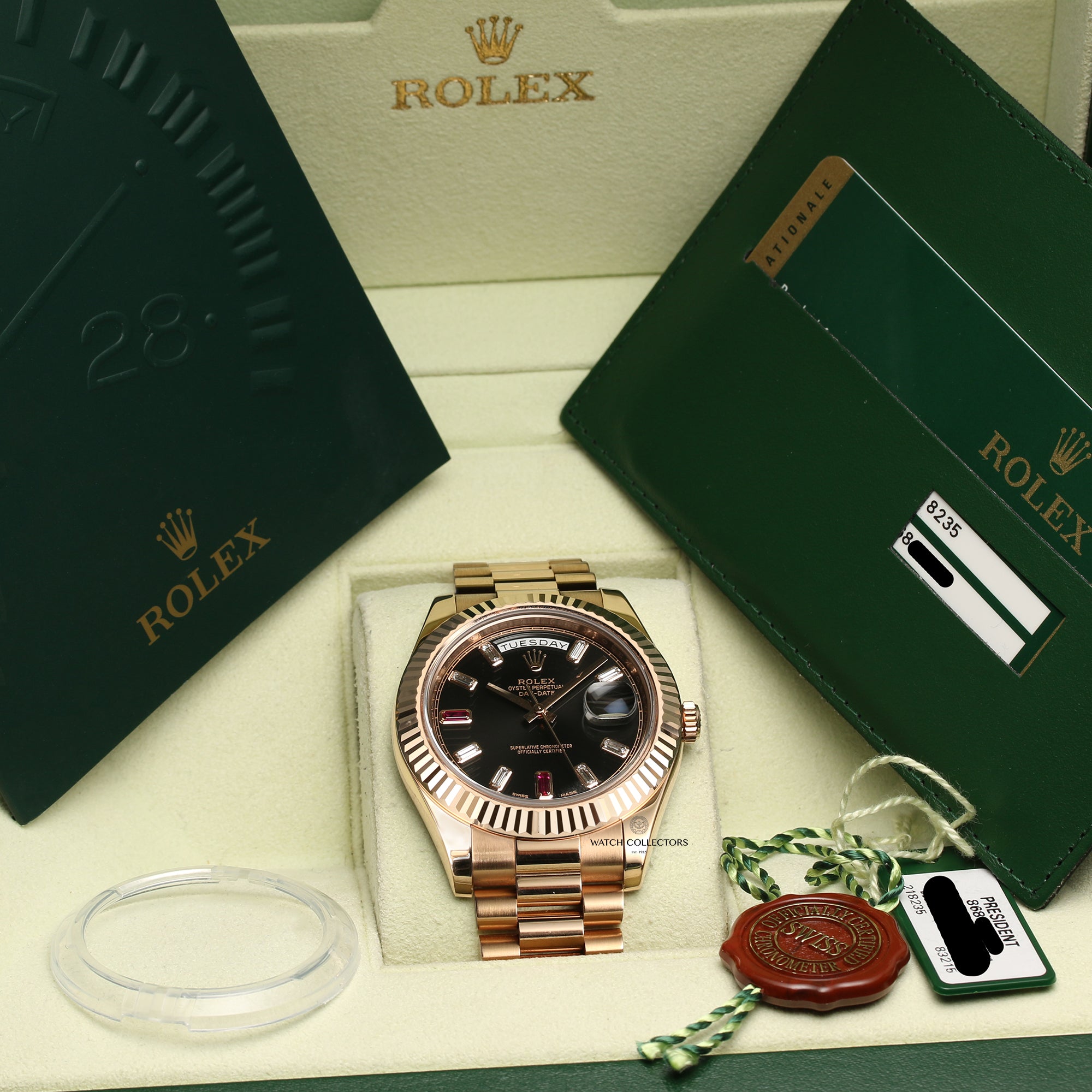 Full Set Rolex Day-Date II 218235 18K Rose Gold Baguette Diamond Ruby Black Dial Second Hand Watch Collectors 10