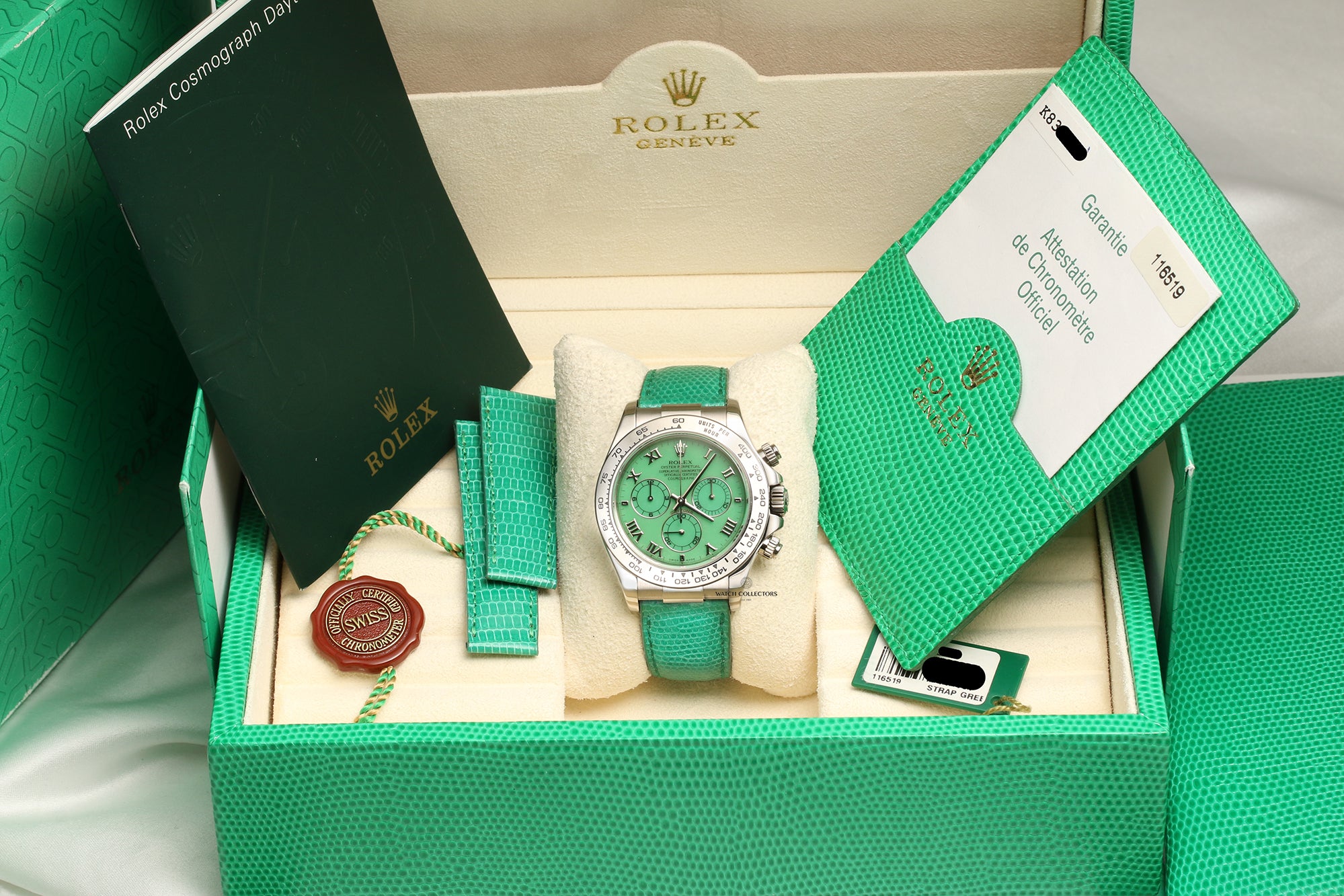 Full Set Rolex Daytona Green Beach 116519 18K White Gold Second Hand Watch Collectors 12