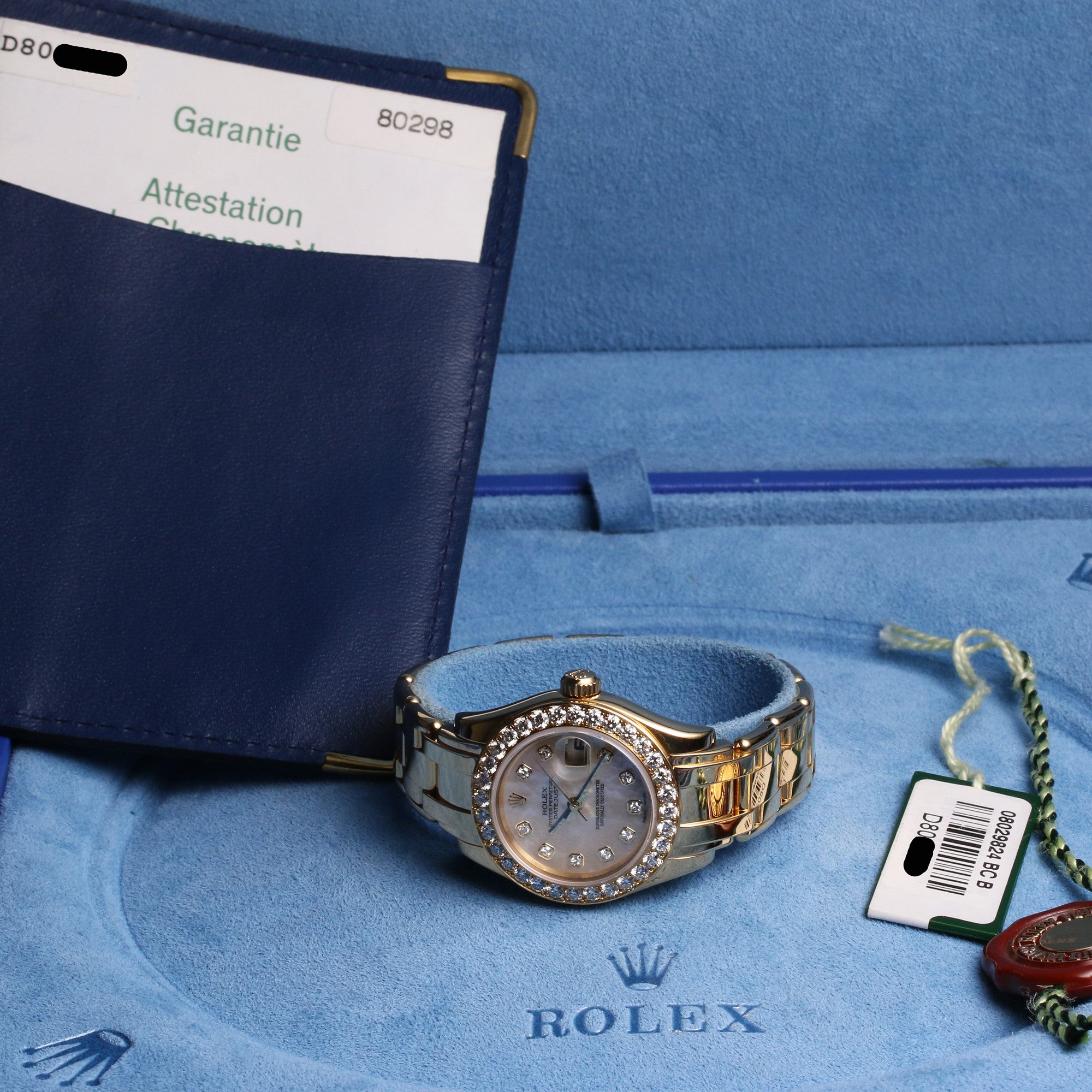 Full Set Rolex Lady DateJust Pearlmaster 80298 18K Yellow Gold MOP Diamond Dial & Bezel Second Hand Watch Collectors 7