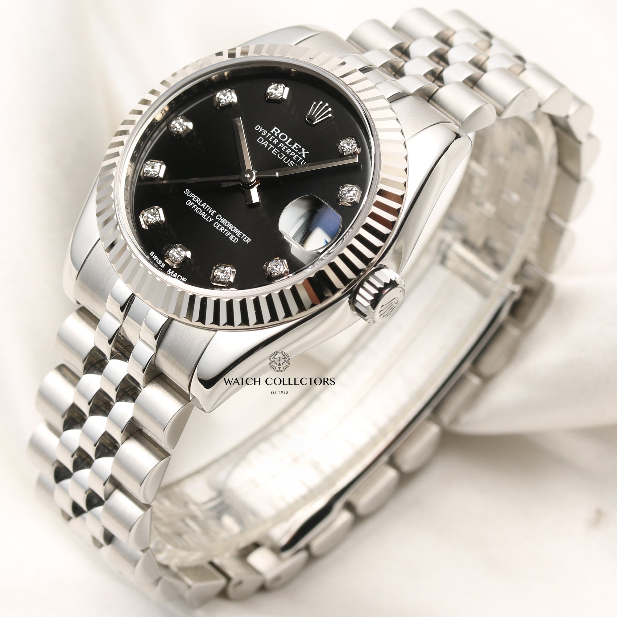 Full Set Rolex Midsize DateJust 178274 Stainless Steel 18K White Gold Bezel Black Diamond Dial Second Hand Watch Collectors 3