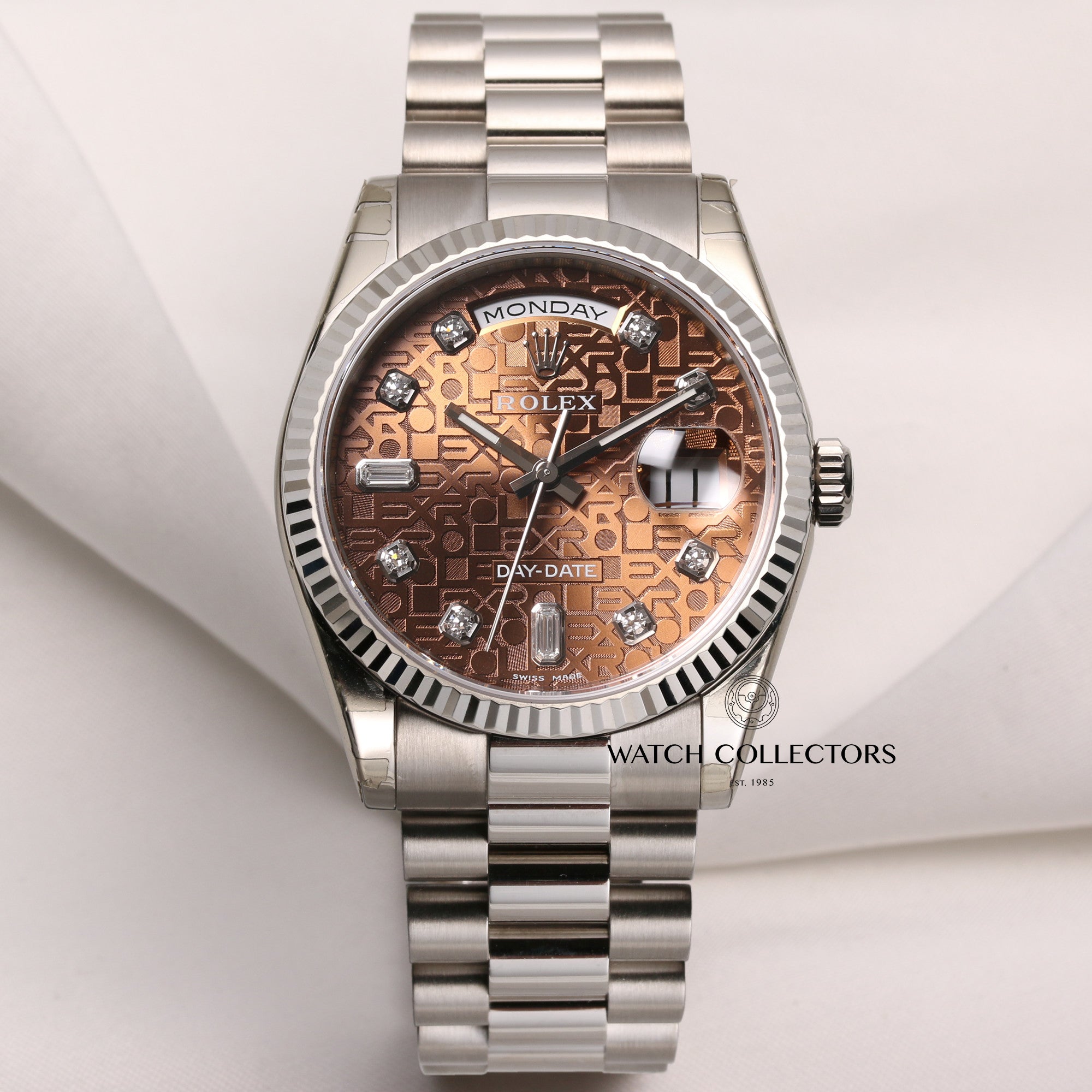 Full-Set-Unworn-Rolex-Day-Date-118239-18K-White-Gold-Brown-Jubilee-Diamond-Dial-Second-Hand-Watch-Collectors-1