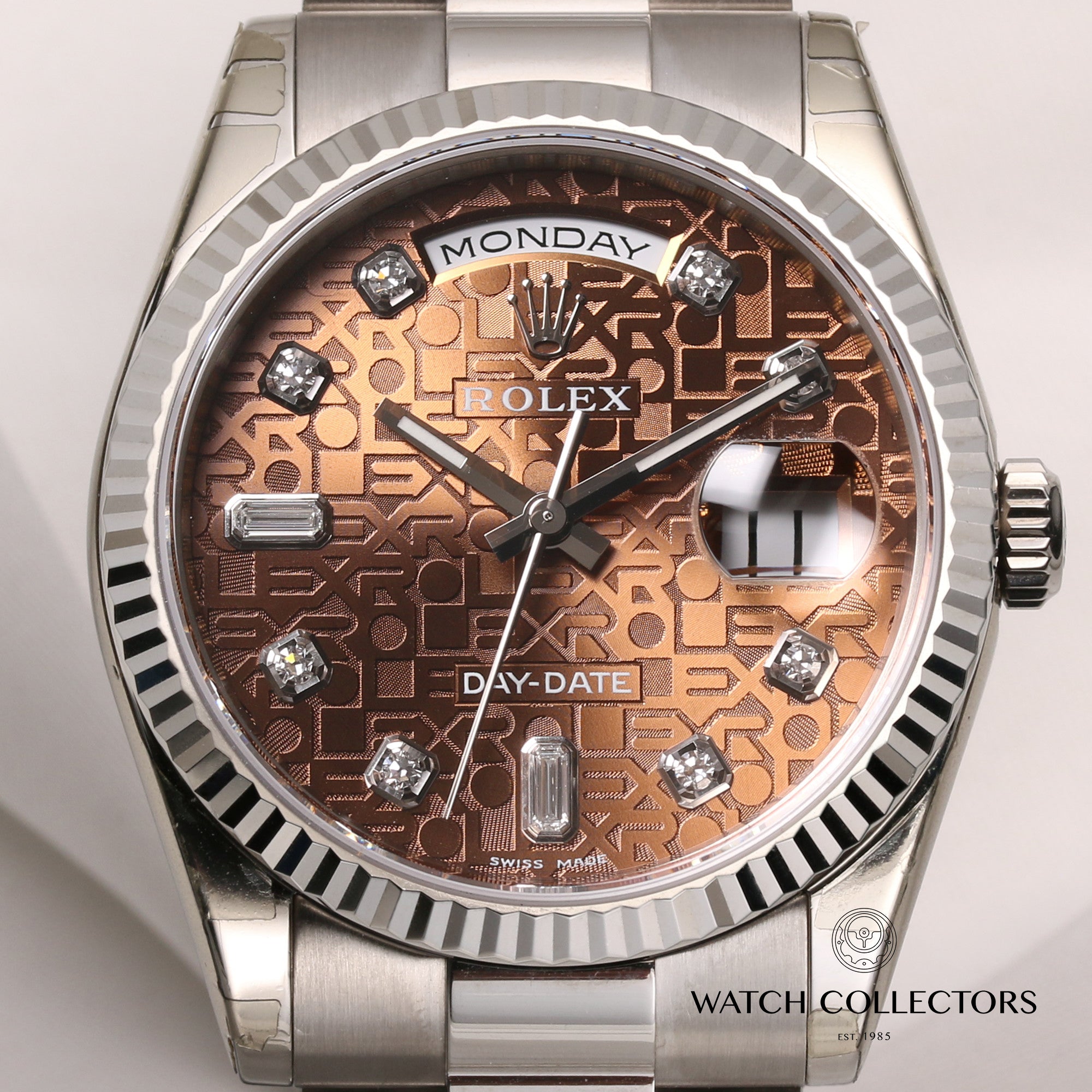 Full-Set-Unworn-Rolex-Day-Date-118239-18K-White-Gold-Brown-Jubilee-Diamond-Dial-Second-Hand-Watch-Collectors-2
