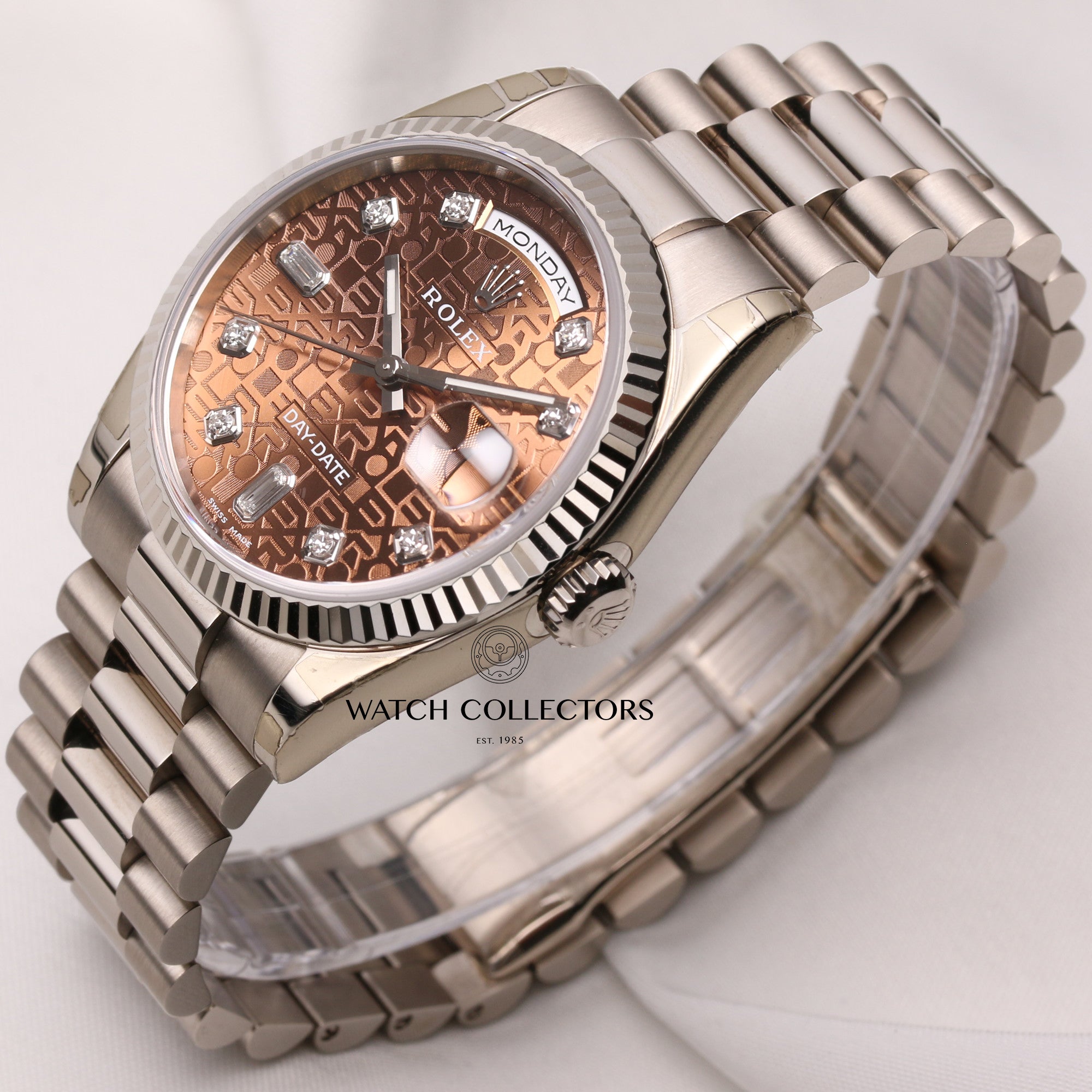Full-Set-Unworn-Rolex-Day-Date-118239-18K-White-Gold-Brown-Jubilee-Diamond-Dial-Second-Hand-Watch-Collectors-3
