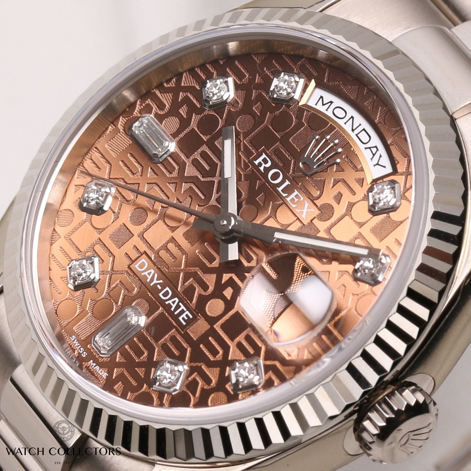 Full-Set-Unworn-Rolex-Day-Date-118239-18K-White-Gold-Brown-Jubilee-Diamond-Dial-Second-Hand-Watch-Collectors-4