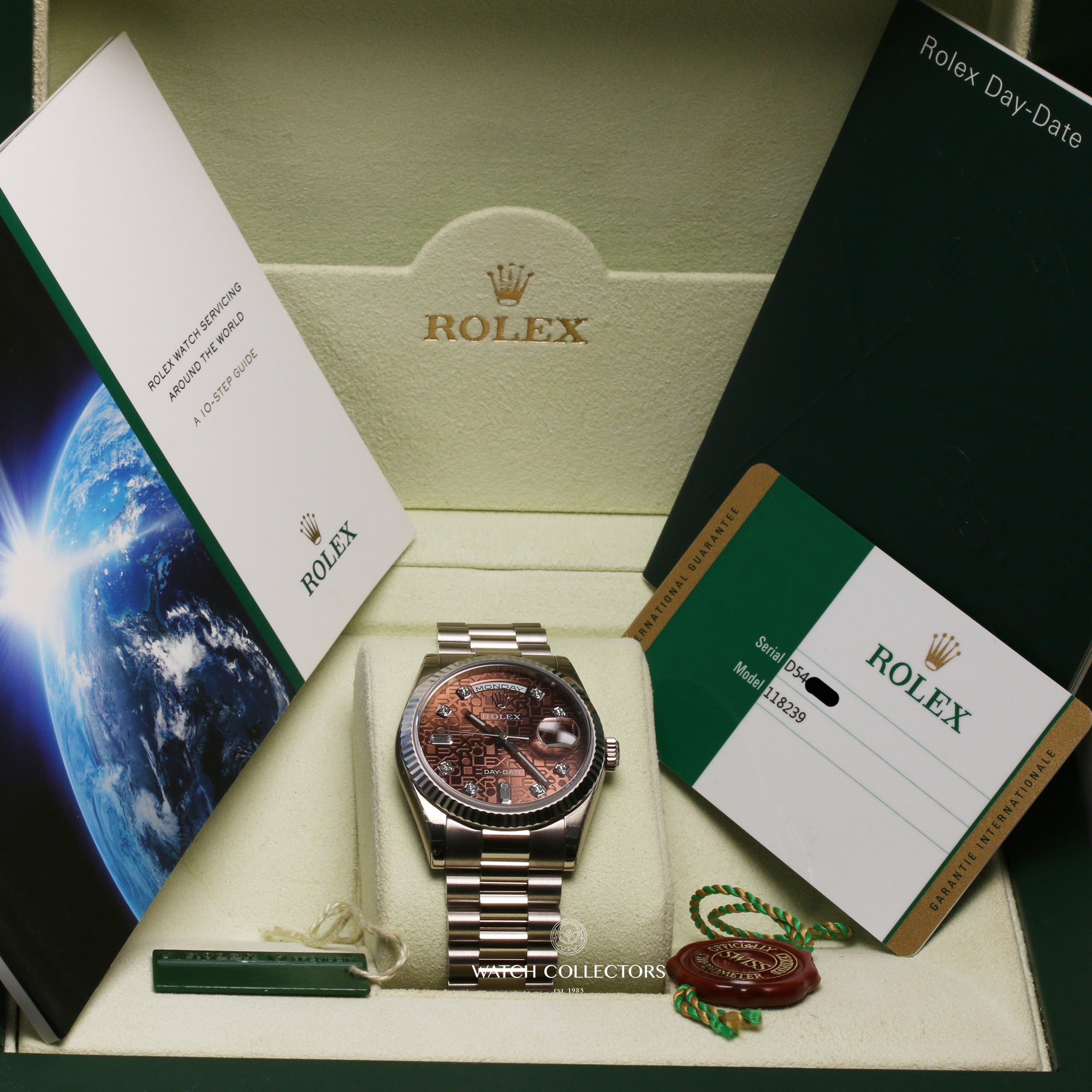 Full-Set-Unworn-Rolex-Day-Date-118239-18K-White-Gold-Brown-Jubilee-Diamond-Dial-Second-Hand-Watch-Collectors-9