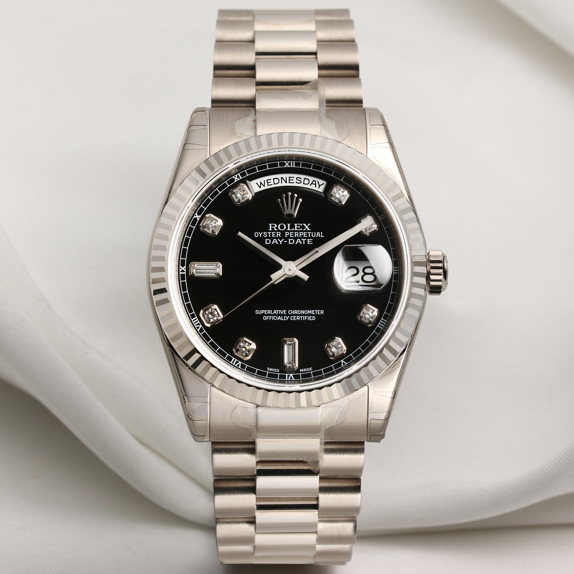 Full Set Unworn Rolex Day-Date 118239 Black Diamond Dial 18K White Gold Second Hand Watch Collectors 1