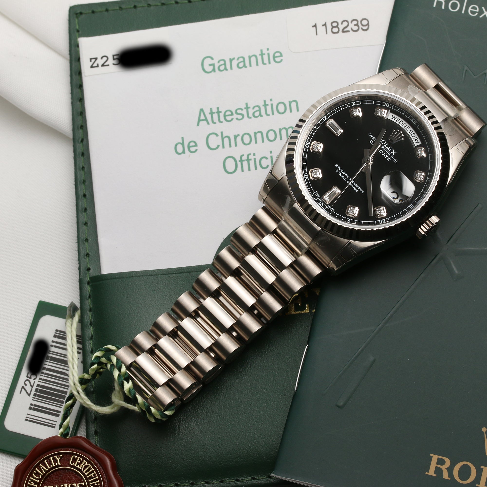 Full Set Unworn Rolex Day-Date 118239 Black Diamond Dial 18K White Gold Second Hand Watch Collectors 11