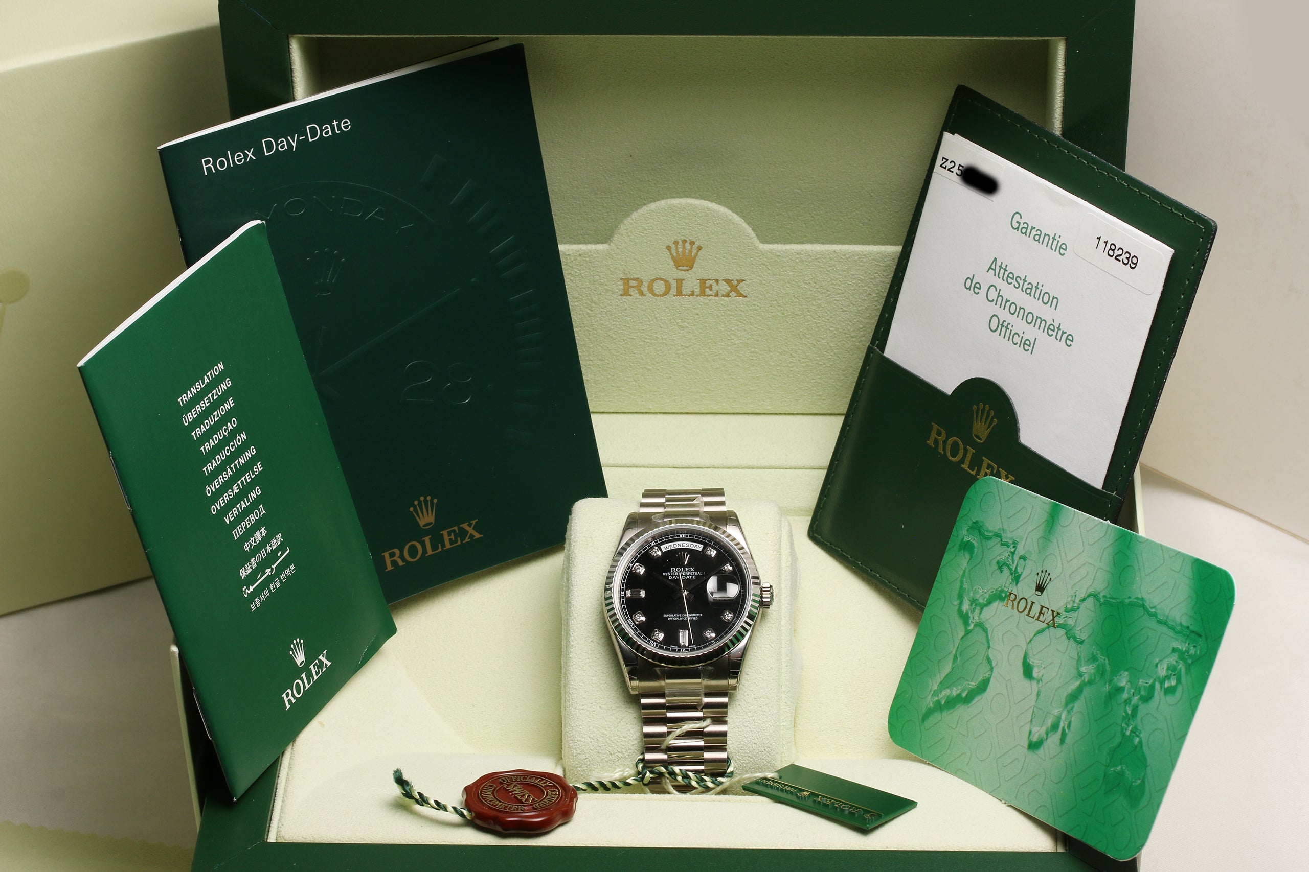 Full Set Unworn Rolex Day-Date 118239 Black Diamond Dial 18K White Gold Second Hand Watch Collectors 12