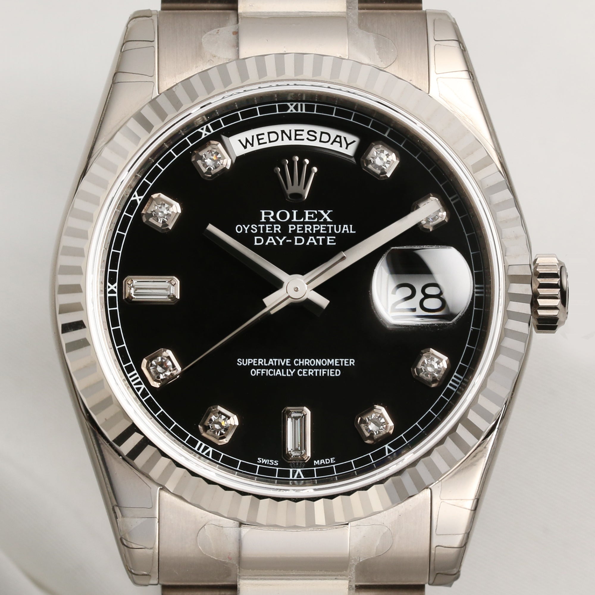 Full Set Unworn Rolex Day-Date 118239 Black Diamond Dial 18K White Gold Second Hand Watch Collectors 2