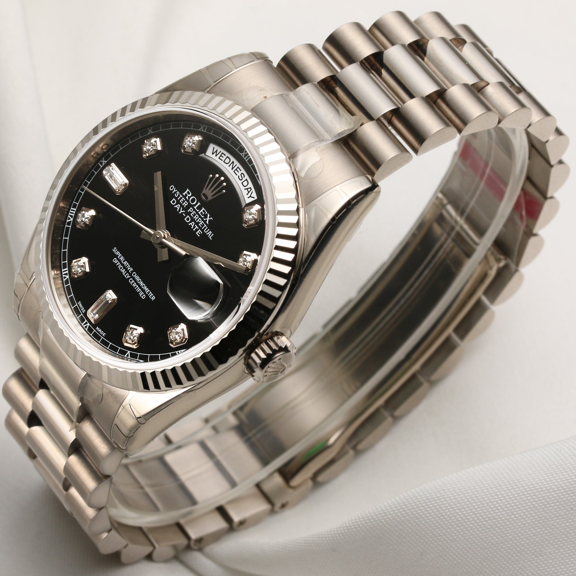 Full Set Unworn Rolex Day-Date 118239 Black Diamond Dial 18K White Gold Second Hand Watch Collectors 3