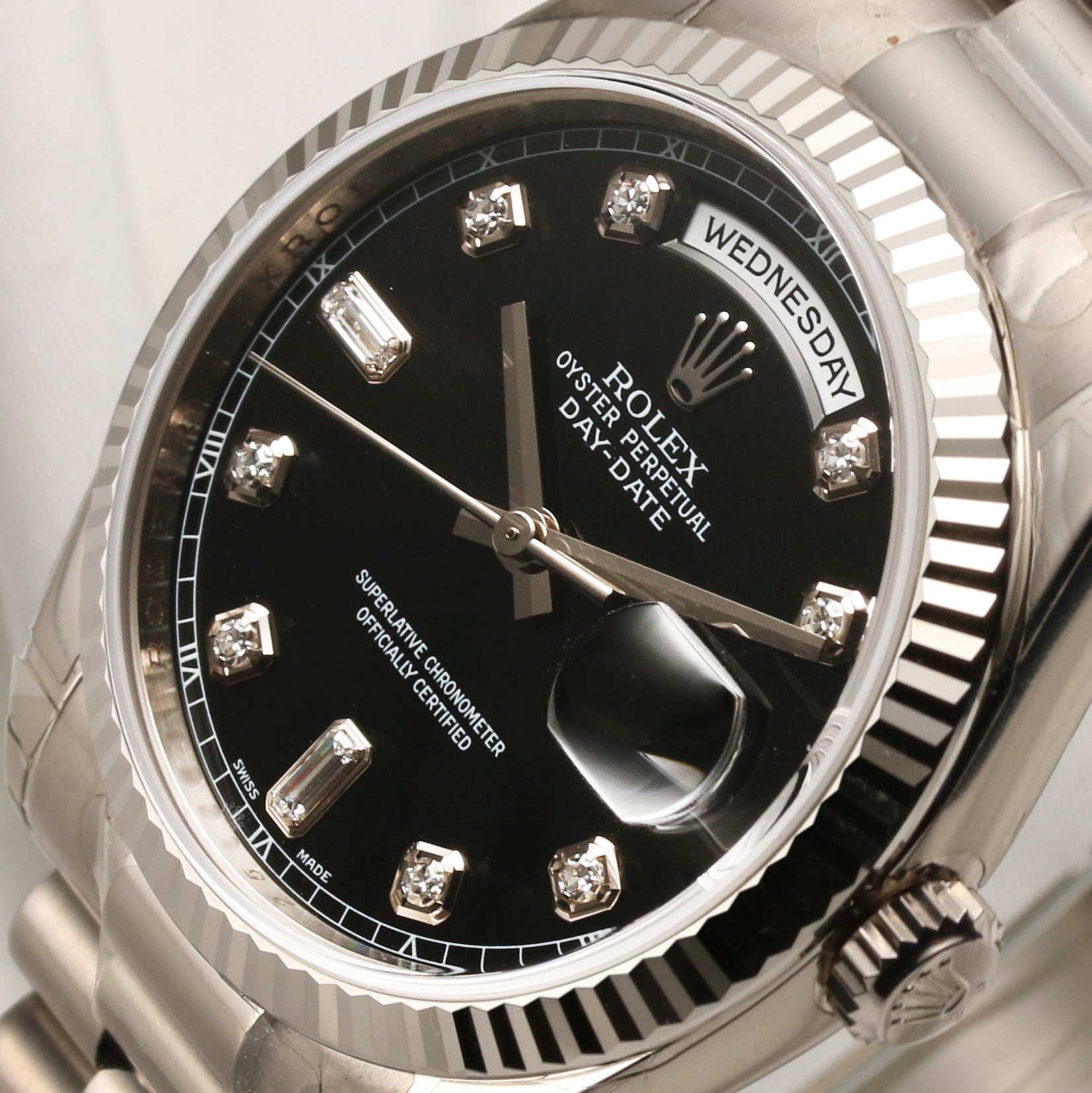 Full Set Unworn Rolex Day-Date 118239 Black Diamond Dial 18K White Gold Second Hand Watch Collectors 4