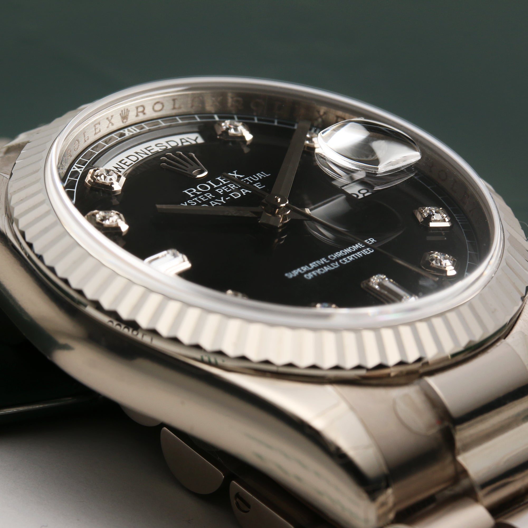 Full Set Unworn Rolex Day-Date 118239 Black Diamond Dial 18K White Gold Second Hand Watch Collectors 5