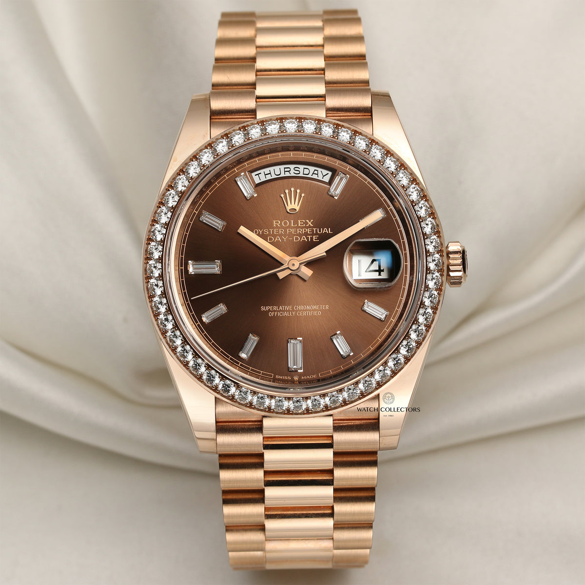 Unworn Rolex Day-Date 228345RBR 18k Rose Gold Chocolate Dial & Baguett
