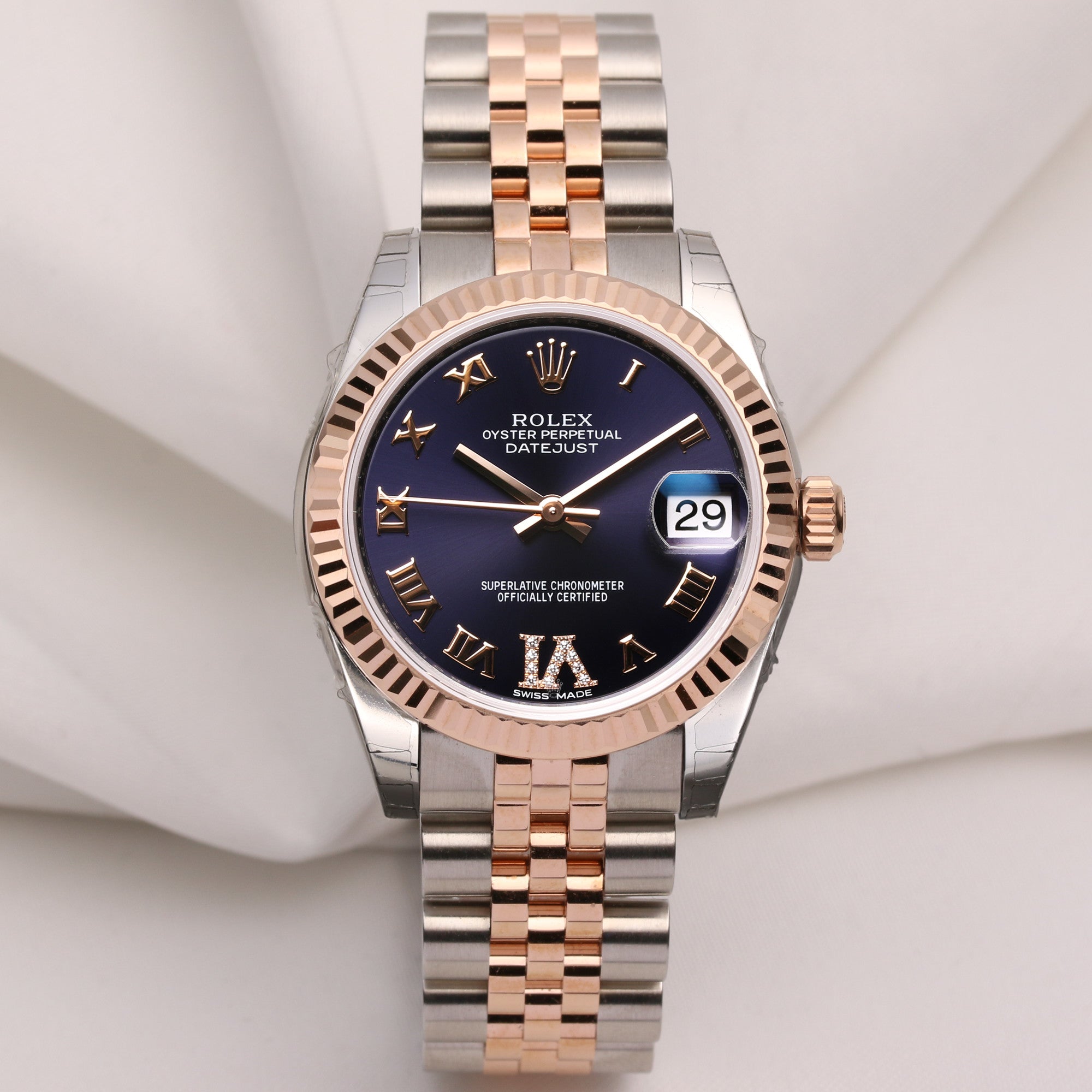 Full Set Unworn Rolex Midsize DateJust 178271 Steel & Rose Gold Purple Diamond Dial Second Hand Watch Collectors 1