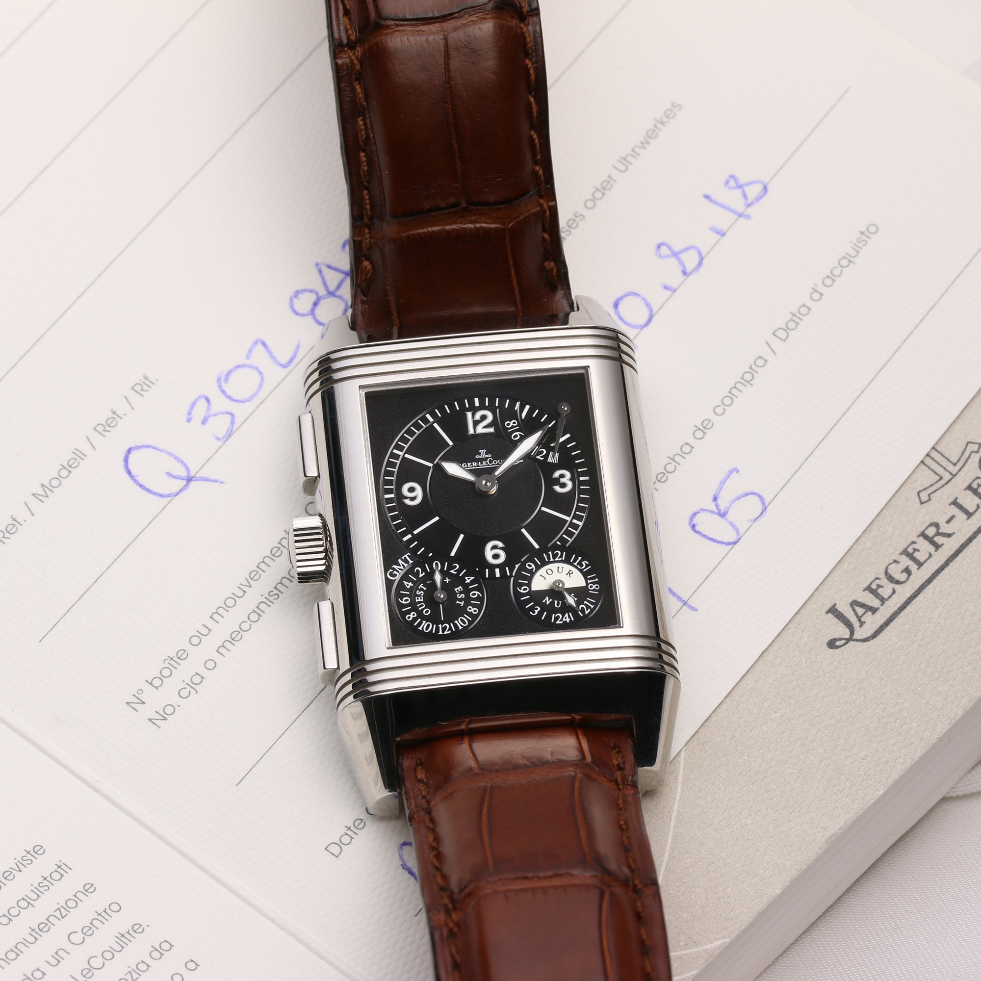 Full set Jaeger Le-Coultre Reverso Grande Date GMT 240.8.18 Q3028420 Stainless Steel Second Hand Watch Collectors 10