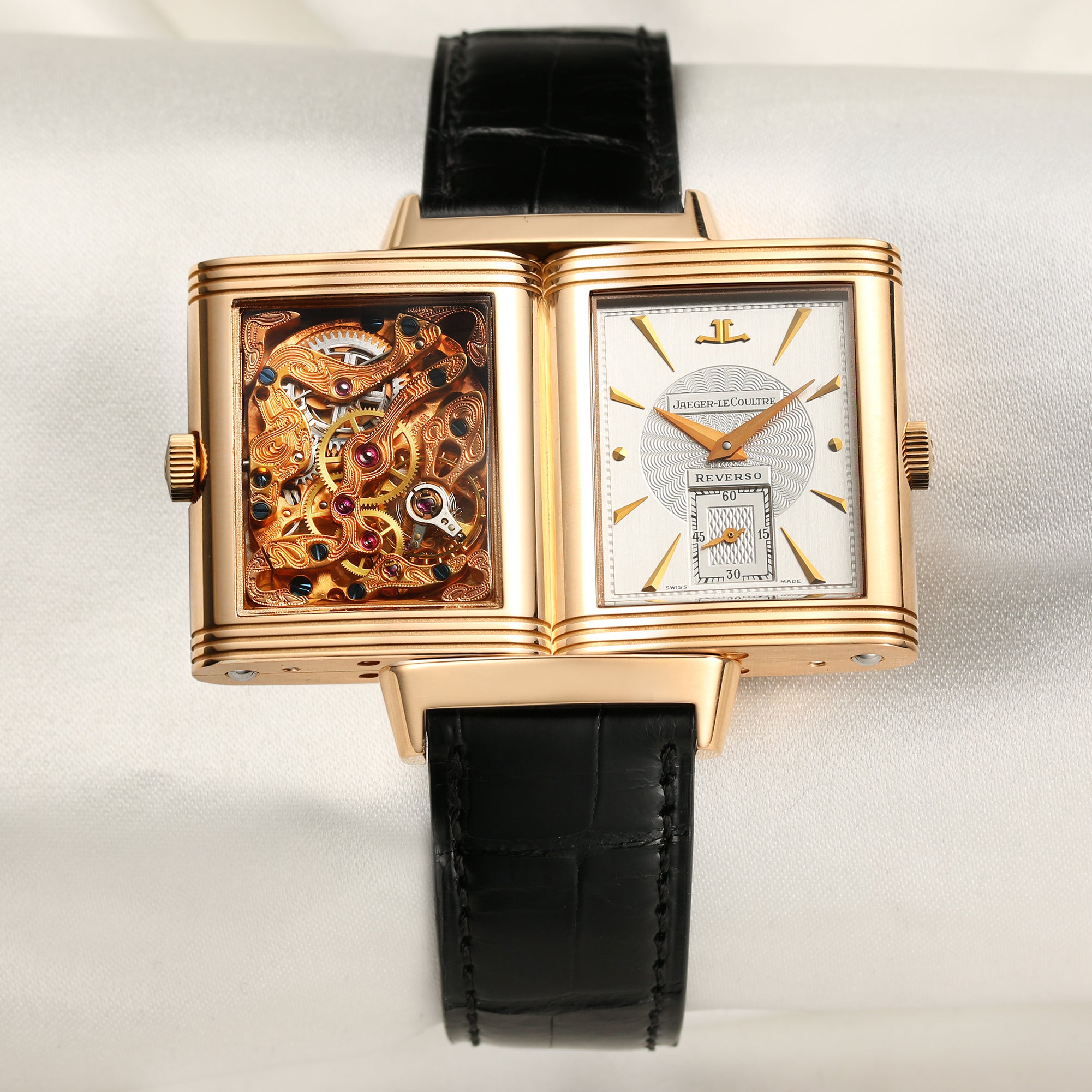 Jaeger Reverso 18K Rose Gold Skeleton Second Hand Watch Collectors 1