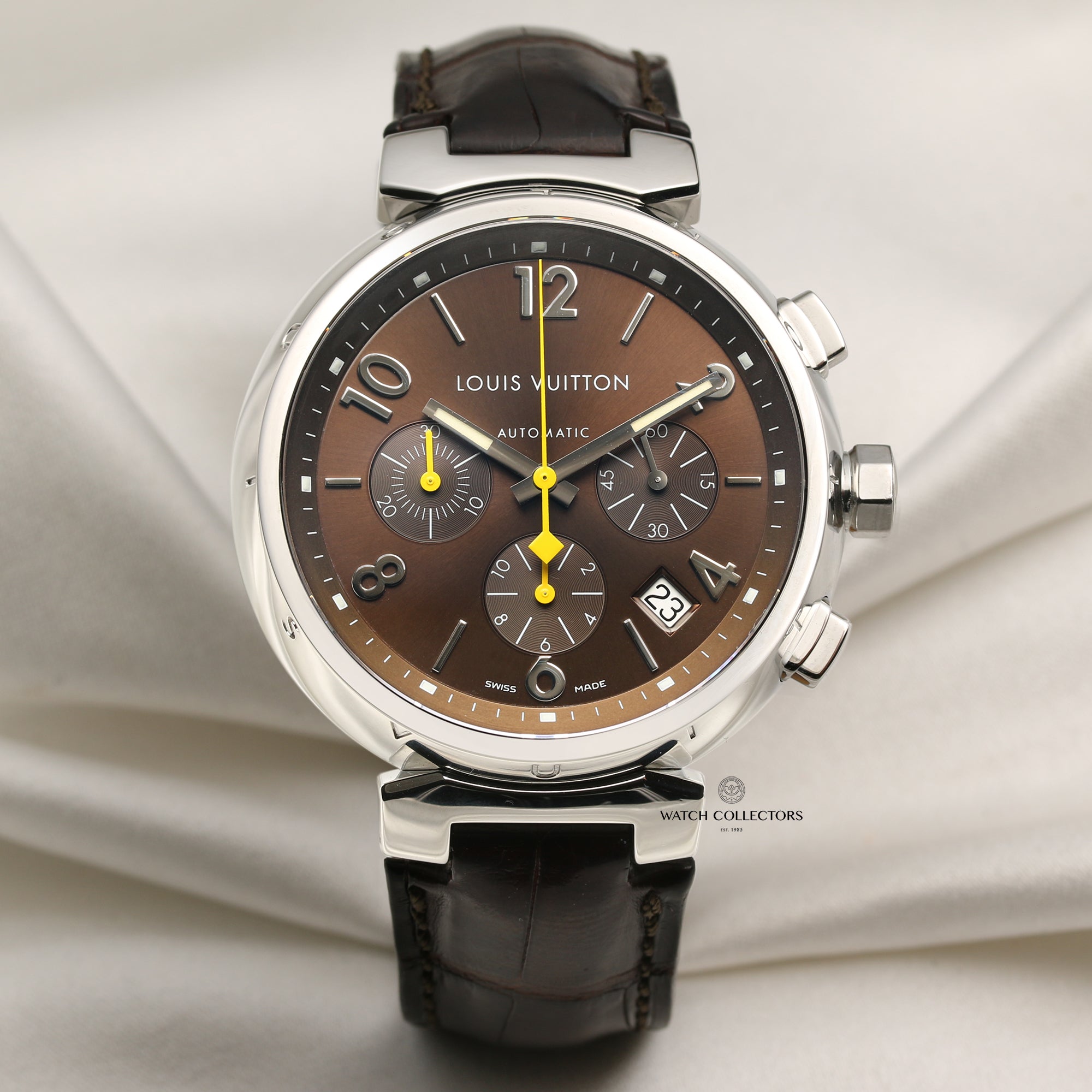 Pre-owned Louis Vuitton Tambour Chronograph Automatic Brown Dial Men's Watch Q1121, Automatic Movement, Stainless Steel Strap, 41 mm Case in Brown