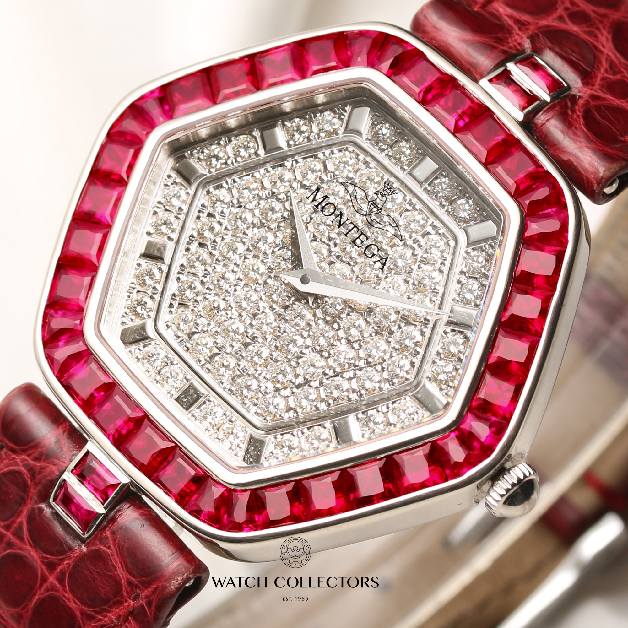 Montega 18K White Gold Ruby Bezel Pave Dial Second Hand Watch Collectors 4