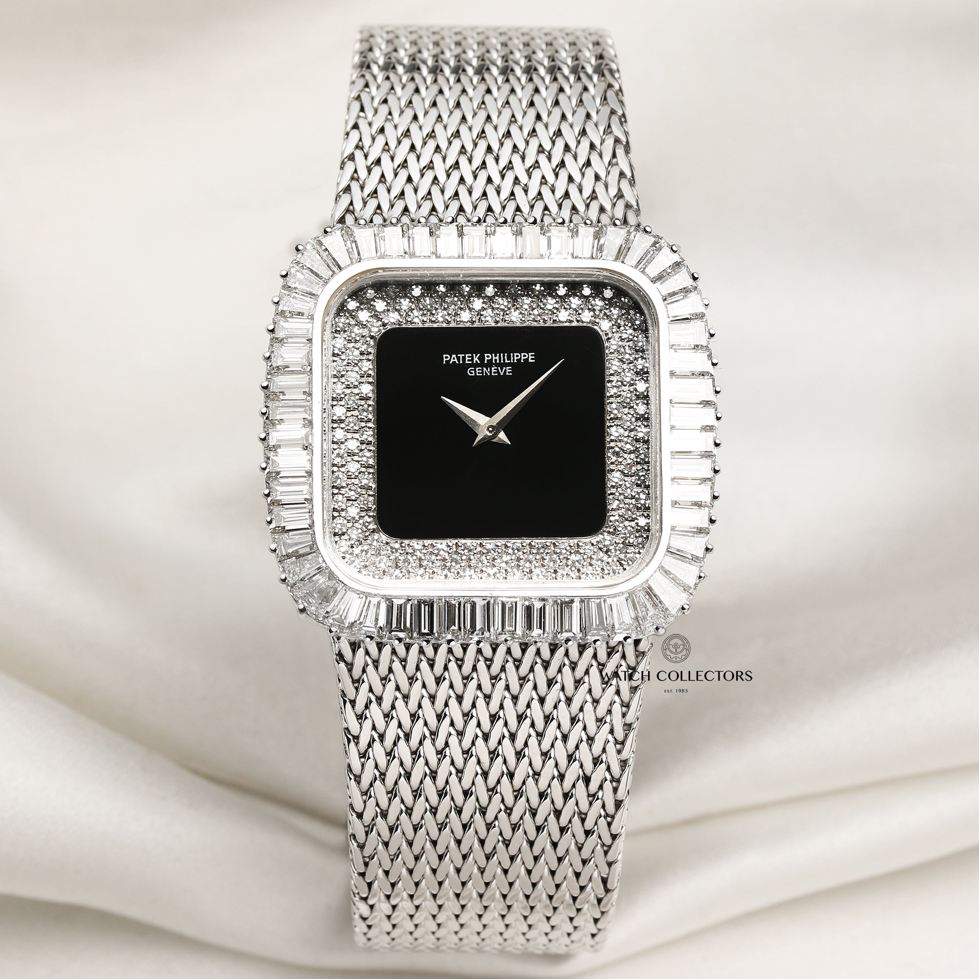 Patek Philippe 18K White Gold Onyx Pave Diamond Dial Baguette Bezel Second Hand Watch Collectors 1