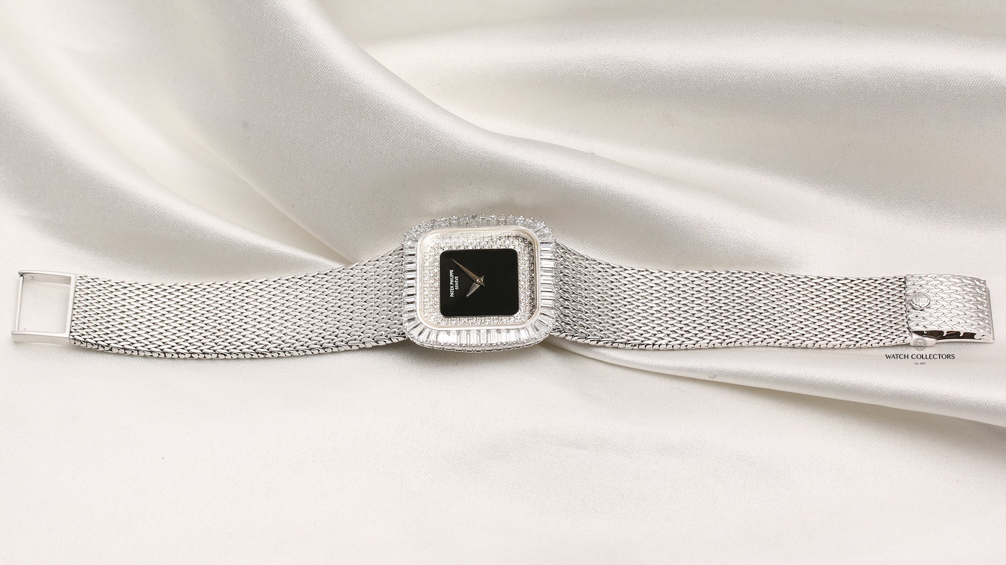 Patek Philippe 18K White Gold Onyx Pave Diamond Dial Baguette Bezel Second Hand Watch Collectors 10