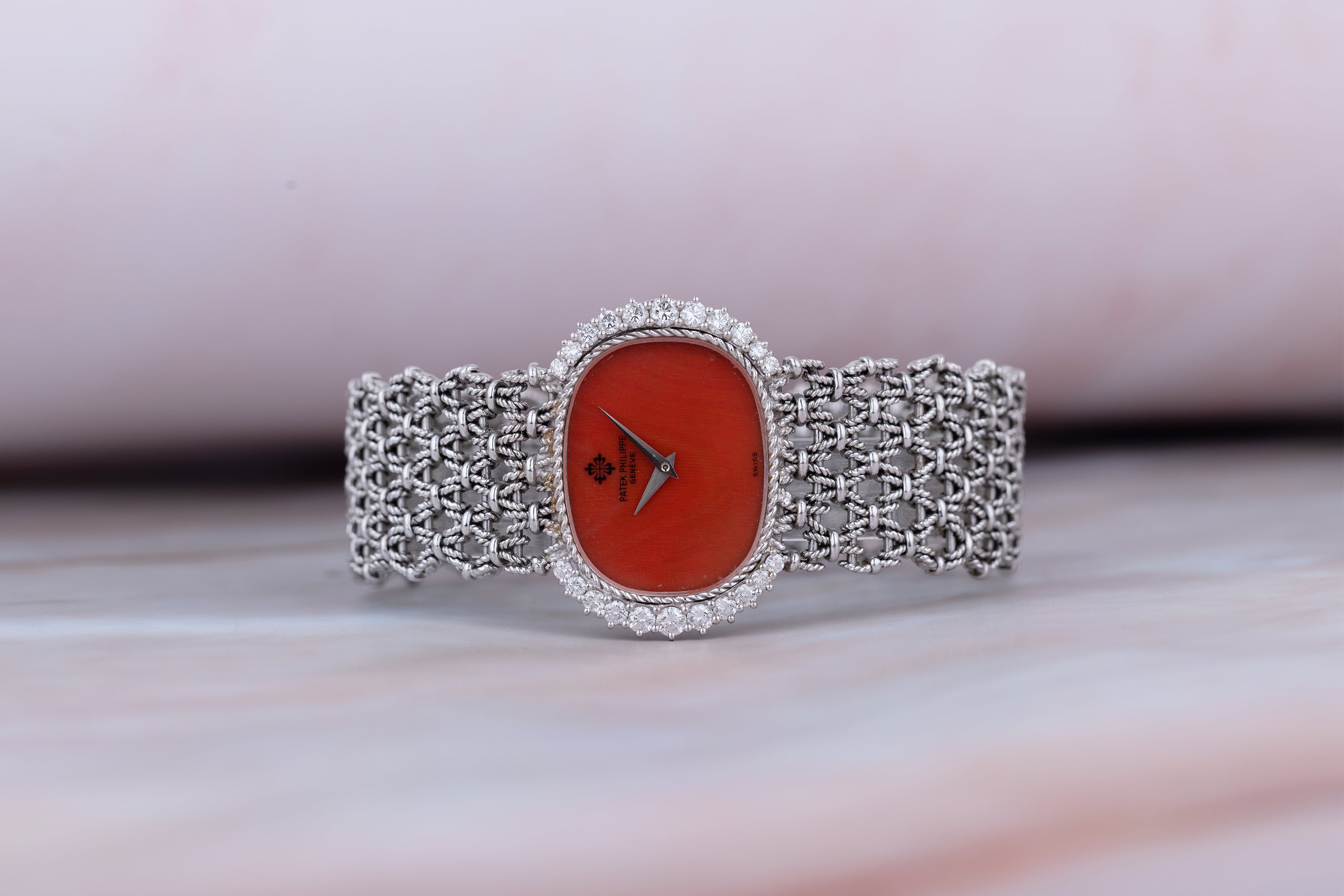 Rare Patek Philippe Ladies Wristwatch | Coral Dial | Diamond Bezel | Circa 1980s | 18k White Gold
