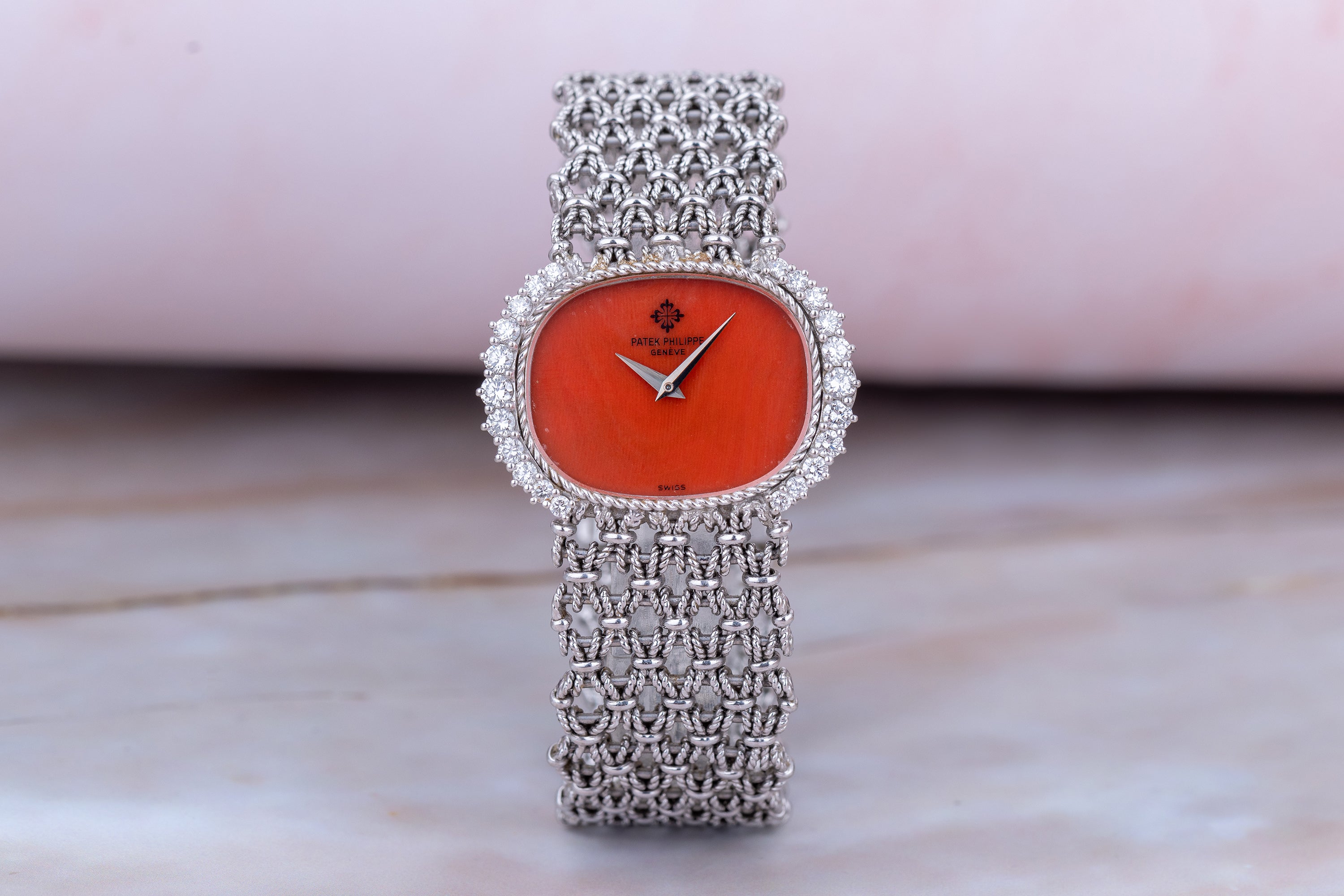 Rare Patek Philippe Ladies Wristwatch | Coral Dial | Diamond Bezel | Circa 1980s | 18k White Gold