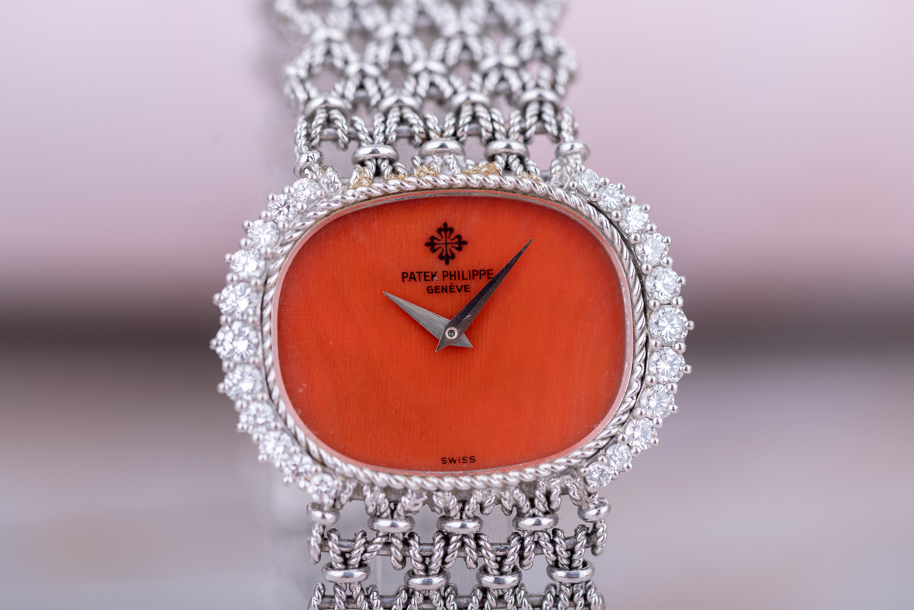 Rare Patek Philippe Ladies Wristwatch | Coral Dial | Diamond Bezel | Circa 1980s | 18k White Gold