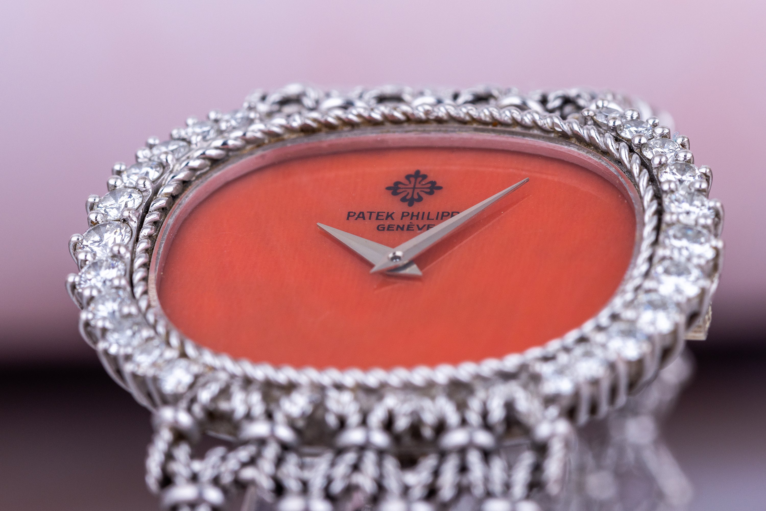 Rare Patek Philippe Ladies Wristwatch | Coral Dial | Diamond Bezel | Circa 1980s | 18k White Gold