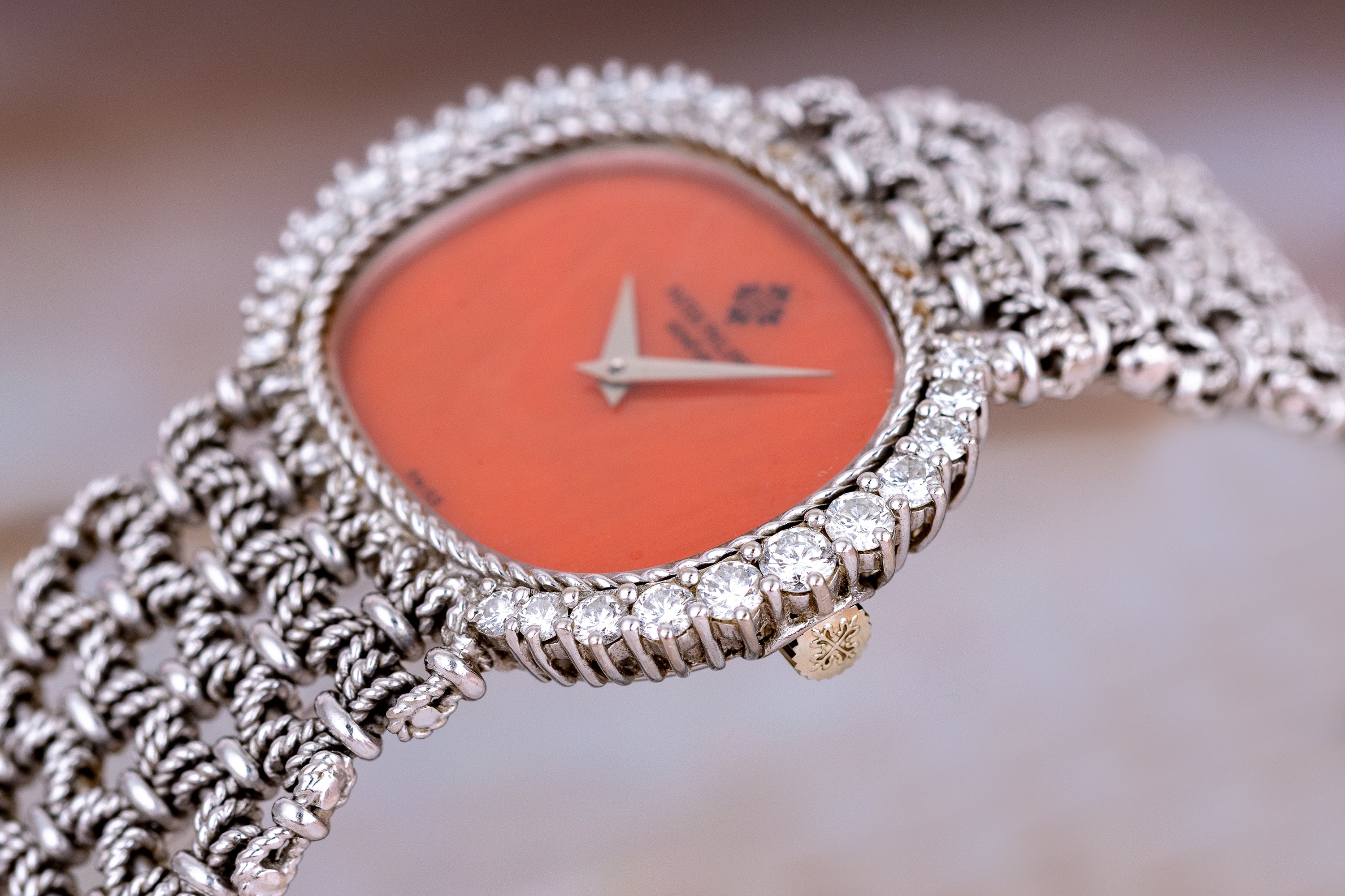 Rare Patek Philippe Ladies Wristwatch | Coral Dial | Diamond Bezel | Circa 1980s | 18k White Gold