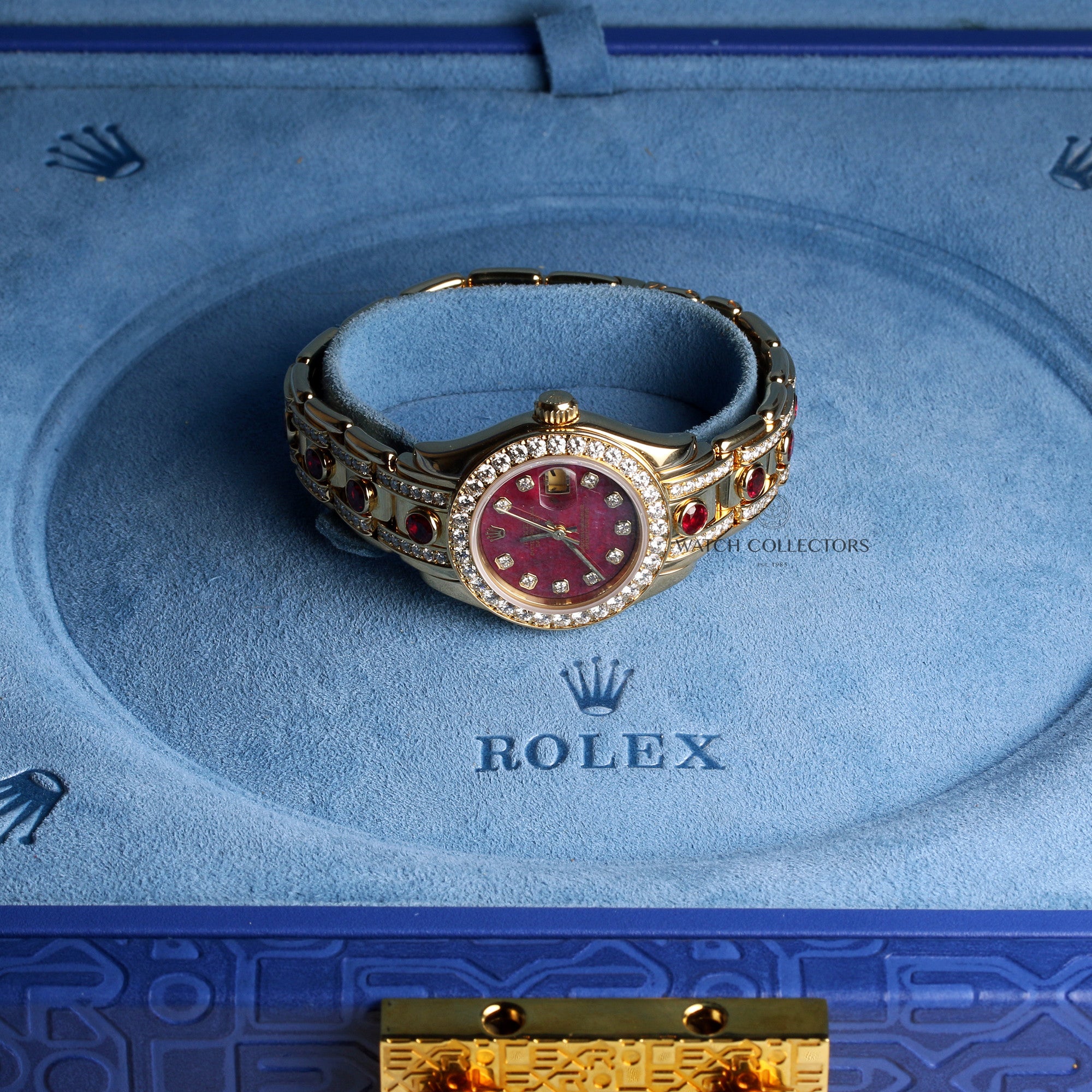 Rare-Factory-Rolex-Lady-DateJust-Pearlmaster-18K-Yellow-Gold-Glossular-Diamond-Dial-and-Bezel-Ruby-Diamond-Bracelet-Second-Hand-Watch-Collectors-10