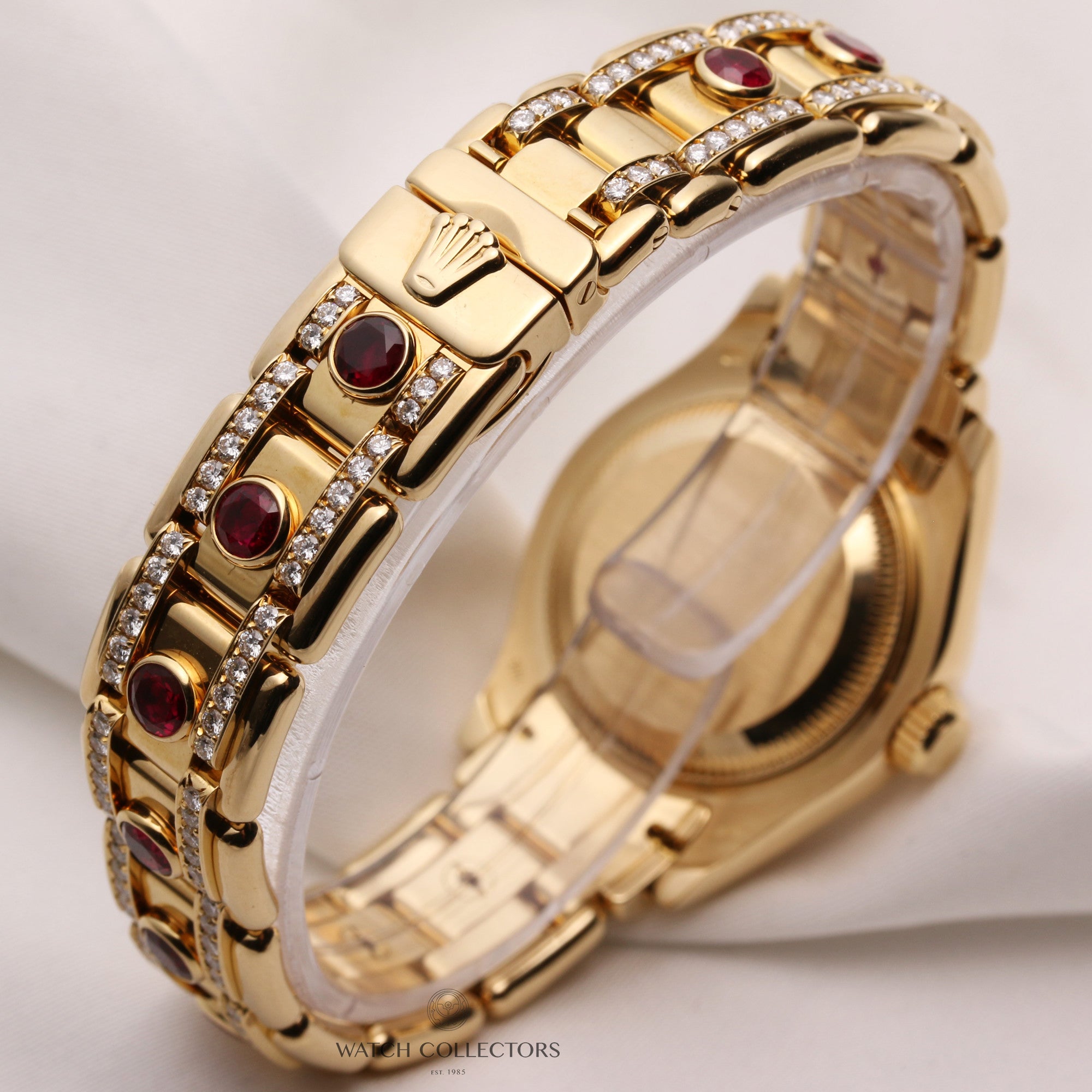 Rare-Factory-Rolex-Lady-DateJust-Pearlmaster-18K-Yellow-Gold-Glossular-Diamond-Dial-and-Bezel-Ruby-Diamond-Bracelet-Second-Hand-Watch-Collectors-8