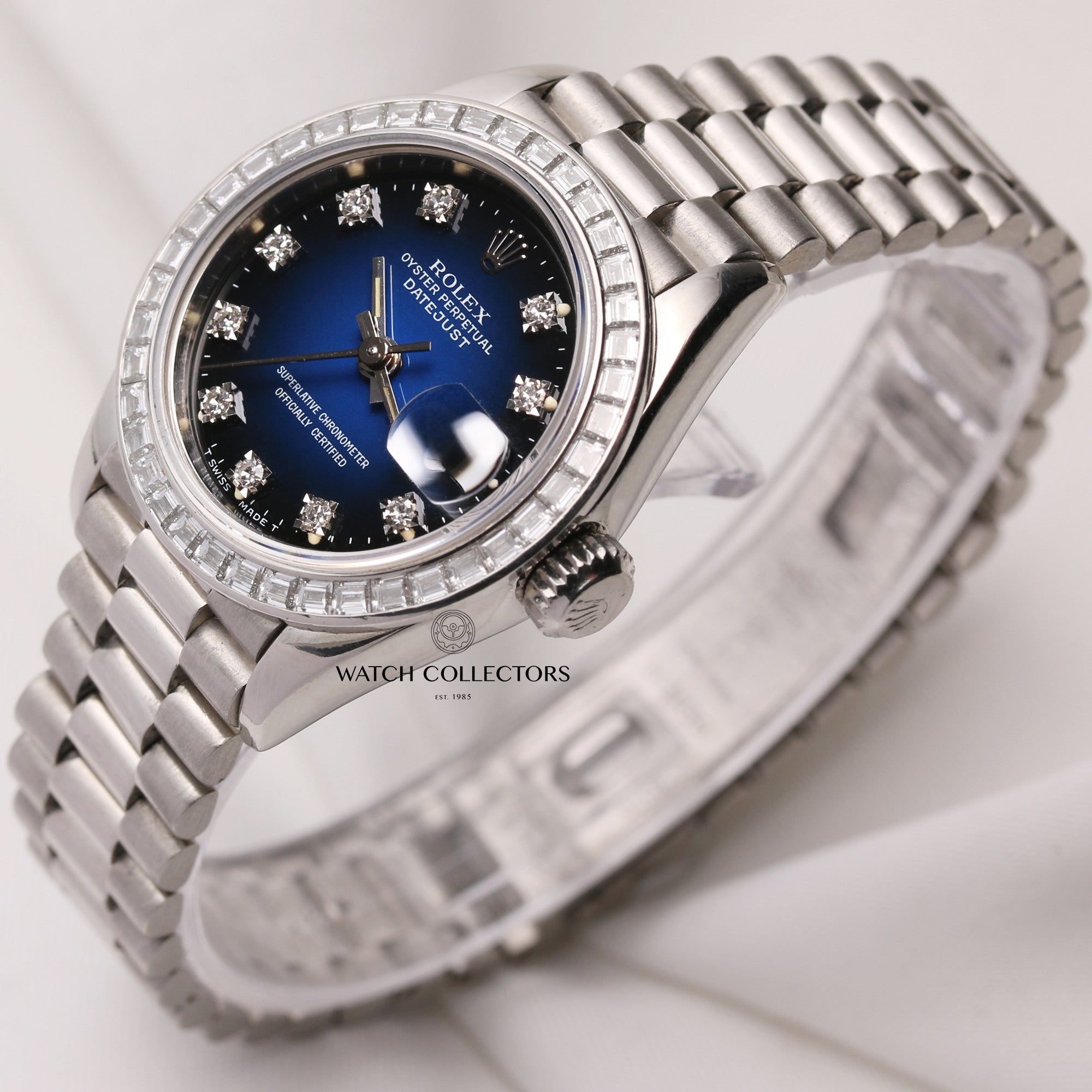 Rare-Rolex-Lady-DateJust-69126-Platinum-Blue-Degrading-Diamond-Dial-Princess-Cut-Bezel-Second-Hand-Watch-Collectors-3